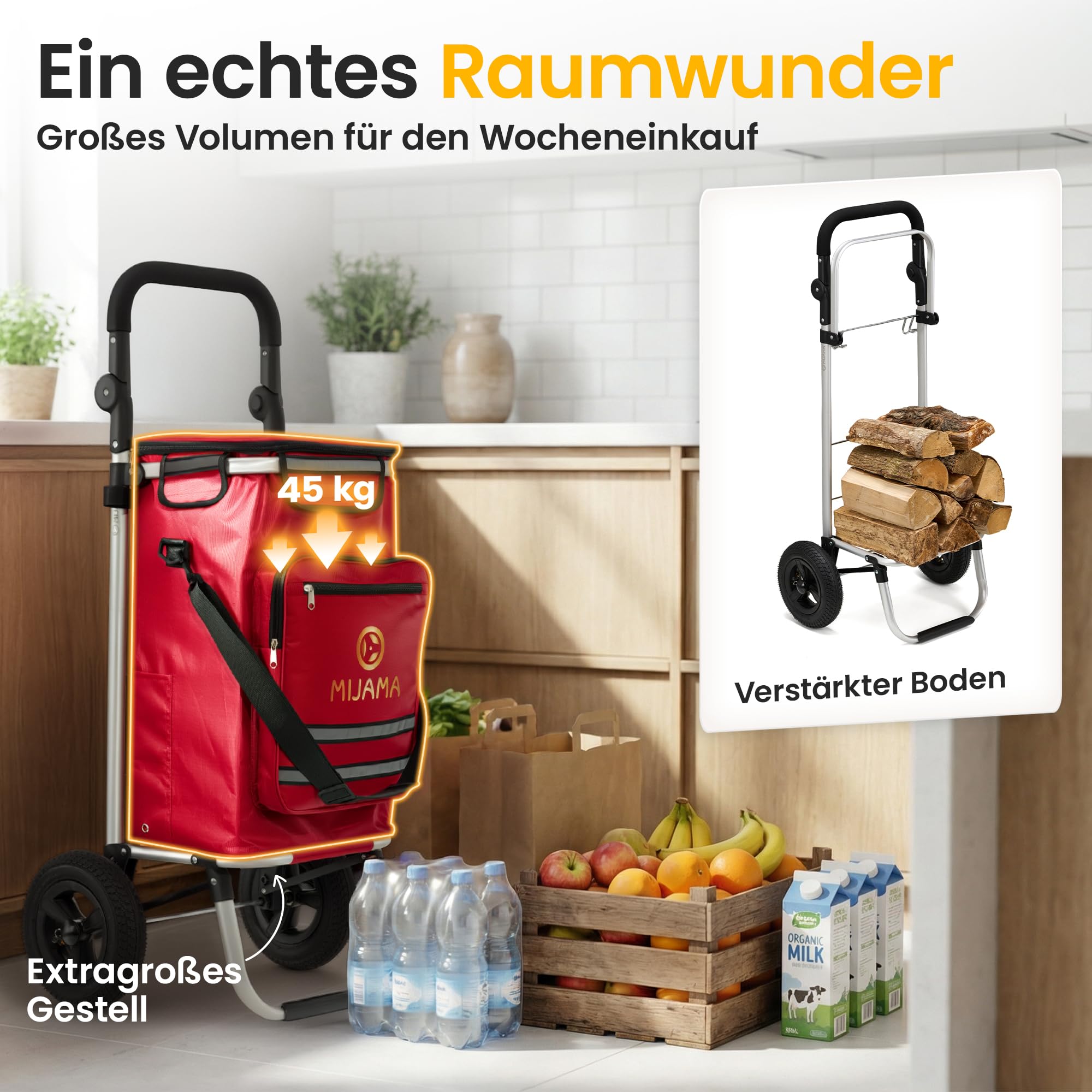 XXL Einkaufstrolley klappbar mit großen Lufträdern bis 45 kg – großer Faltbarer Einkaufswagen mit Kühlfach – stabile Einkaufshilfe für schwere Einkäufe mit extra großem Stauraum (Rot)