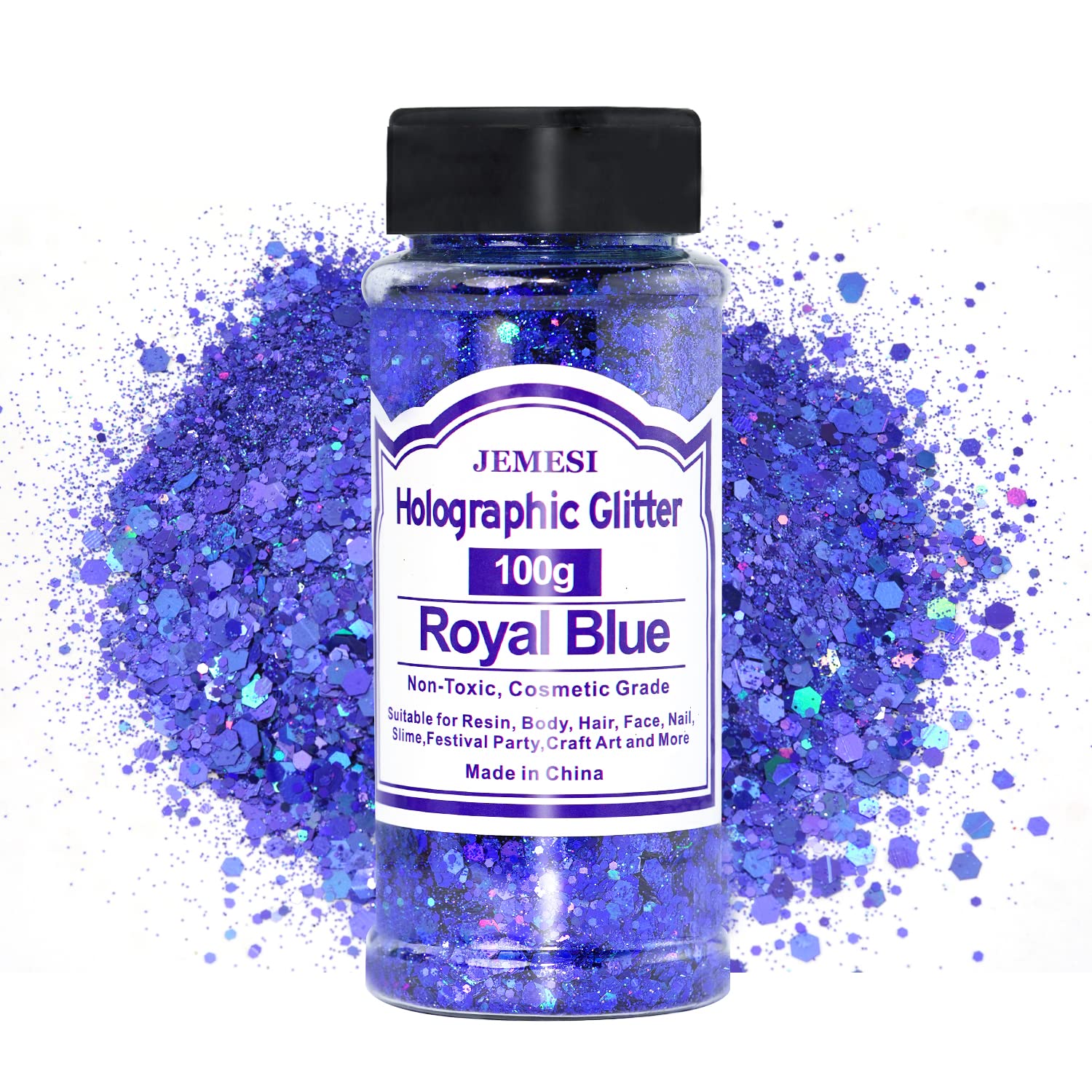 Holographic Chunky Glitter, 100g Royal Blue Cosmetic Craft Glitter for Epoxy Resin, Nail Sequins Iridescent Flakes, Body, Face, Hair, Nail, Glitter Slime Making