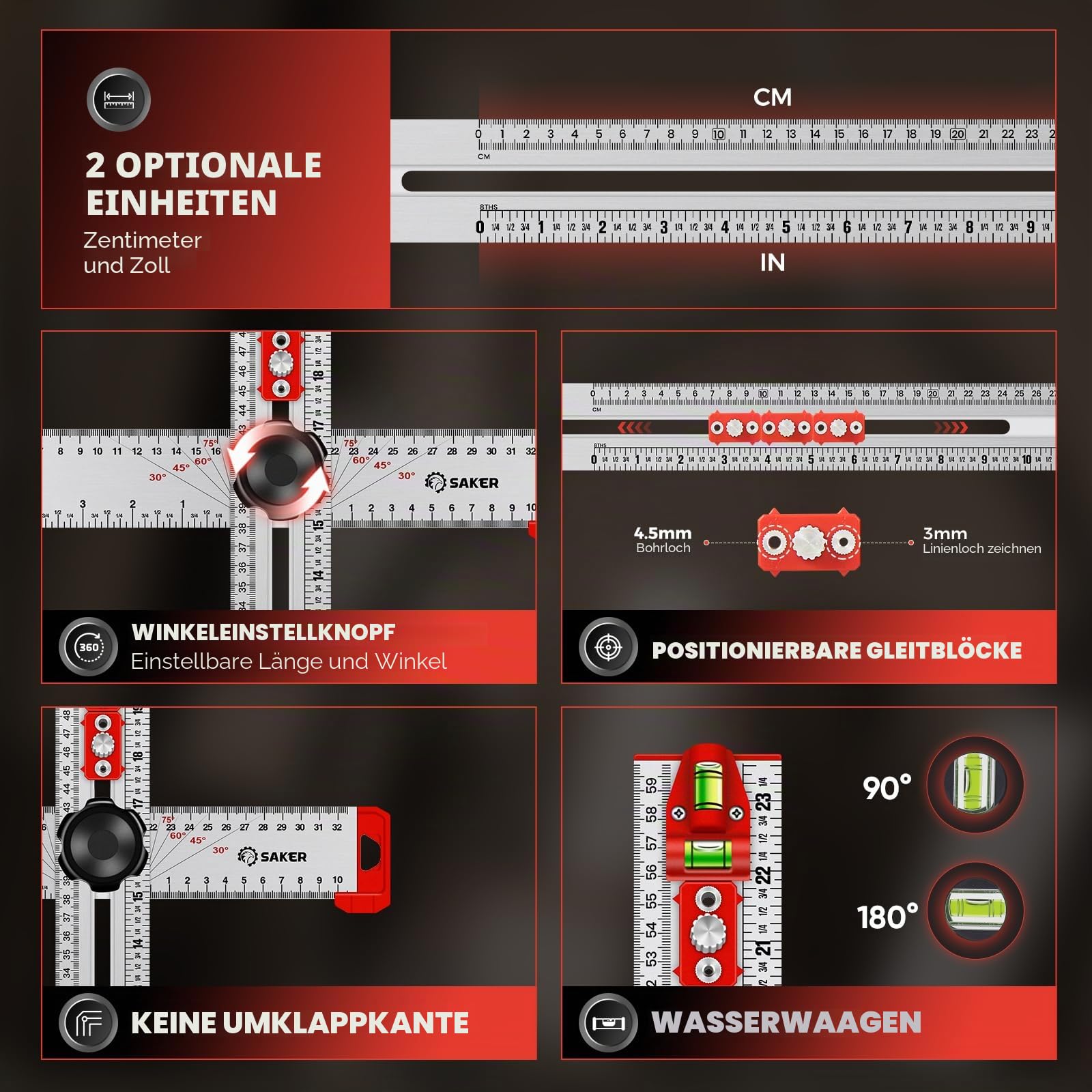 Saker 4-in-1-Lineal für Bohrpositionierung, T-Vierkant, Markierungslehre, Holzbearbeitung, Anreißen, Zeichnen, präzises Bohrwerkzeug