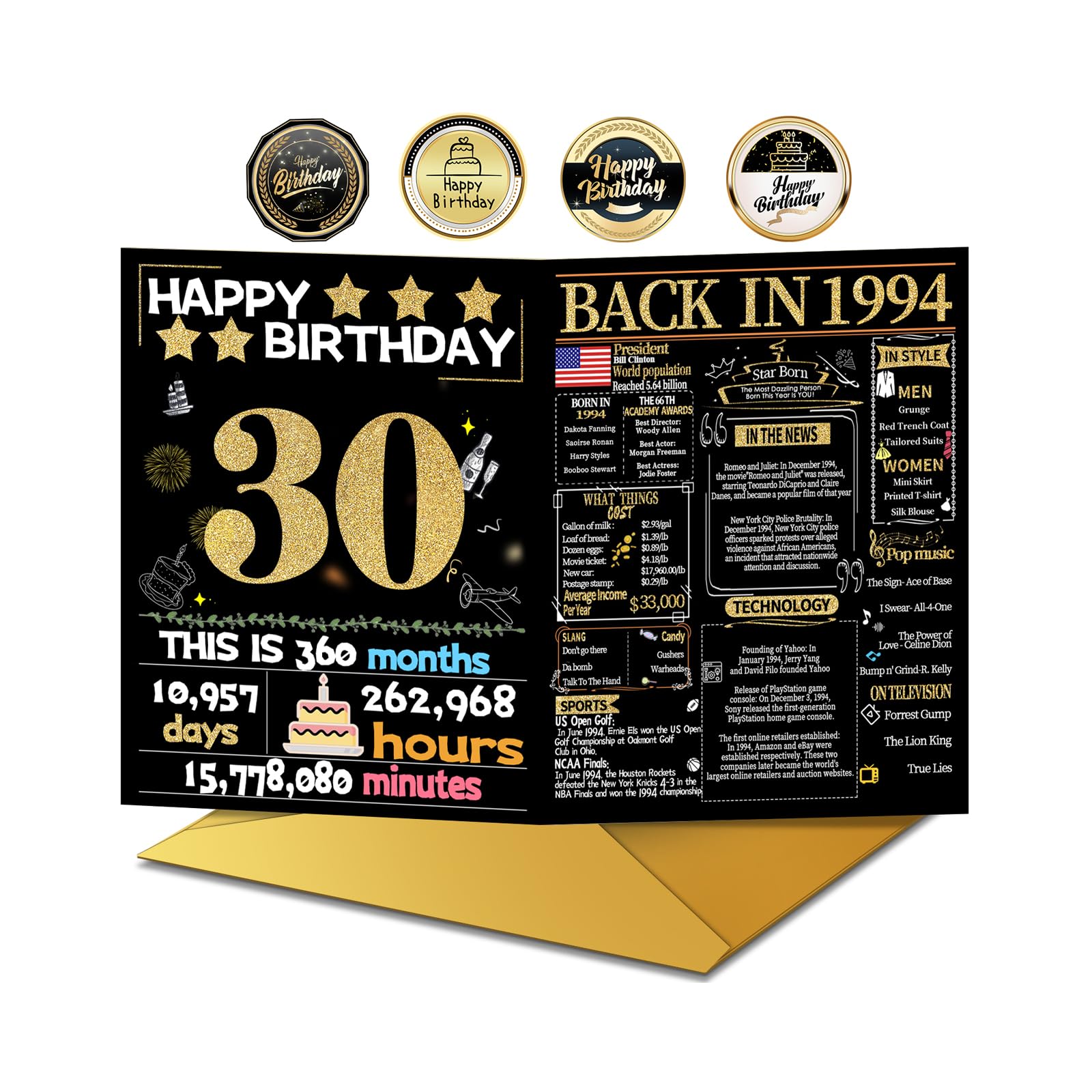 30th Birthday Card with Envelope, 30th Birthday Decorations for Women Men, 30th Birthday Gifts for Her Him, Happy Birthday Cards for 30 Year Old Daughter Son, Back in 1994