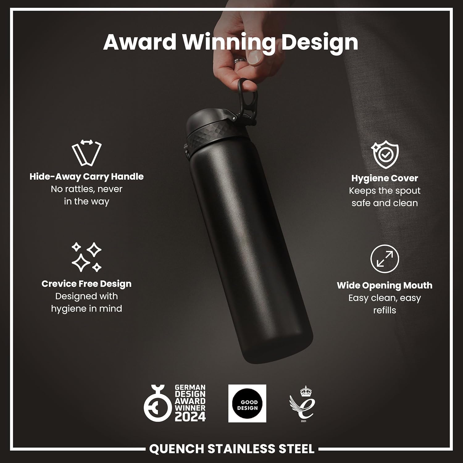 Ion8 1 Litre Stainless Steel Water Bottle, Leak Proof, Easy to Open, Secure Lock, Dishwasher Safe, Carry Handle, Hygienic Flip Cover, Easy Clean, Durable, Scratch Resistant, 1200 ml/40 oz, Black - Image 6