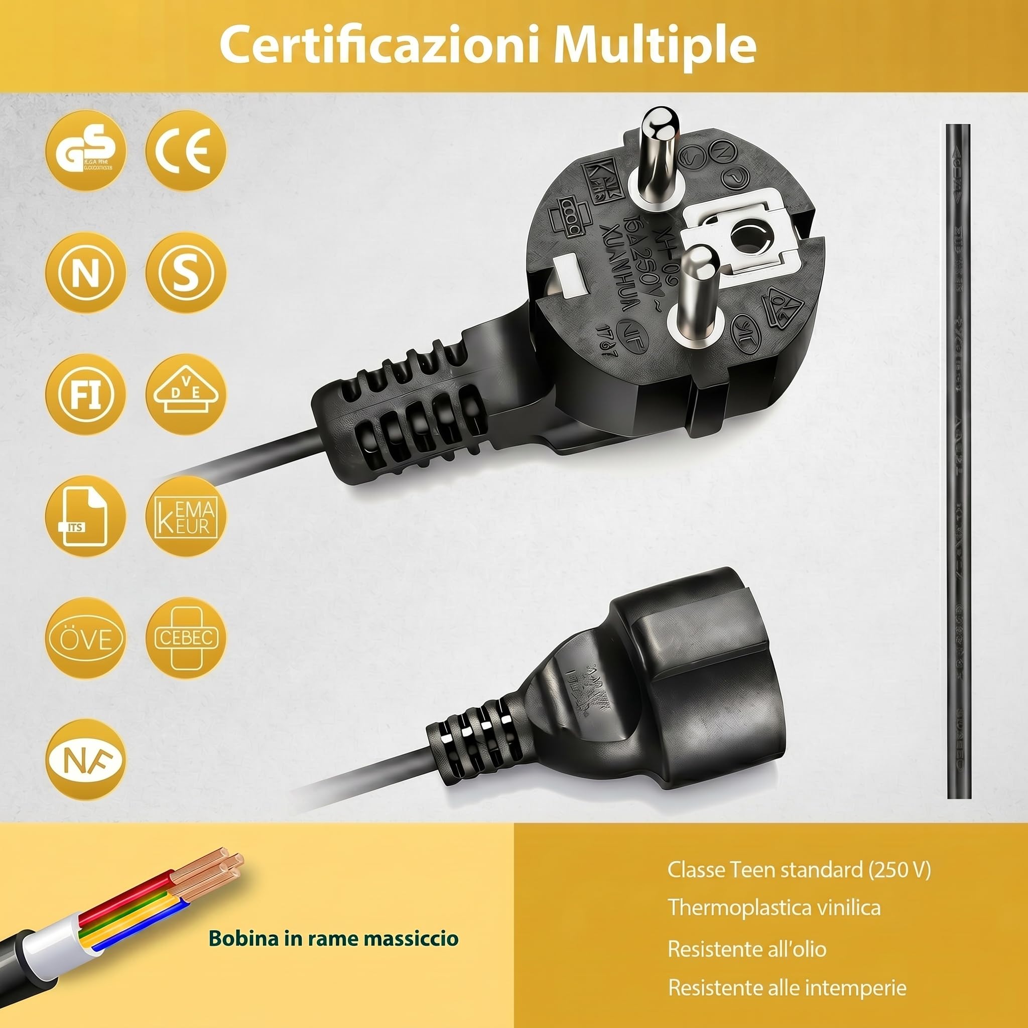 Himimi Avvolgicavo telescopico automatico da 13 m, avvolgicavo da 1250 W-2000 W, con protezione da sovraccarico, impermeabile, per interni/esterni, montaggio a parete/soffitto, rotazione di 180°