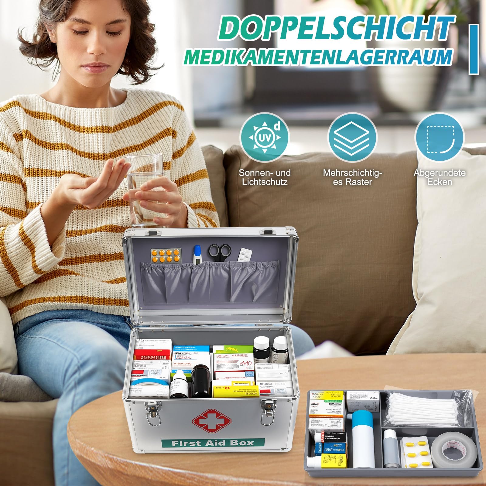 Werschließbare Medikamentenbox, Abschließbare Medizinbox Aufbewahrungsbox mit Tragegriff & Tragegurt 36.5 x 24 x 22 cm, Medikamenten Aufbewahrung Erste Hilfe Koffer für Haus Schule Krankenhaus