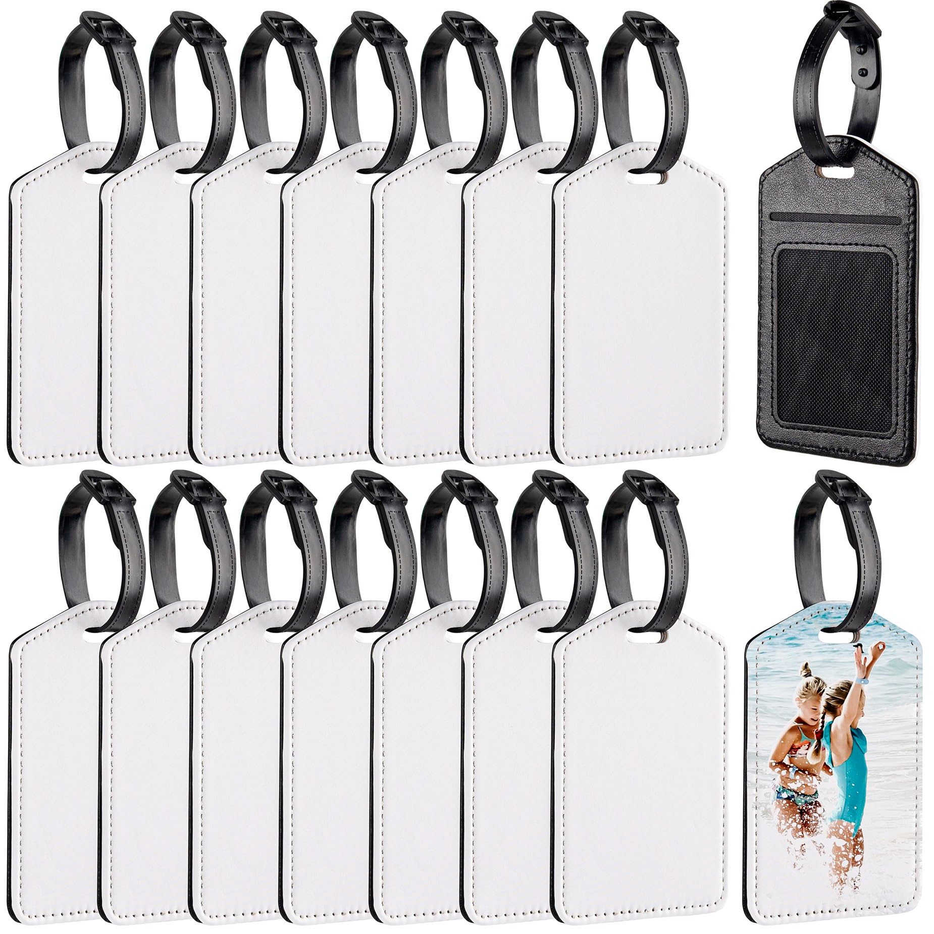 Framendino, 16 Pack Rectangle Sublimation Luggage Tags White Heat Transfer PU Leather Tag Blank Suitcase ID Card Holder for Travel Sports Bags Label