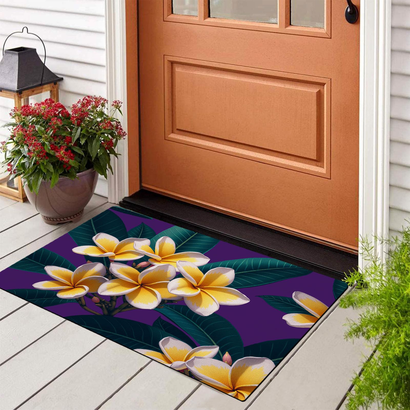 Paillasson violet plantes tropicales et fleurs de frangipanier | Tapis d'entrée 80 x 120 cm