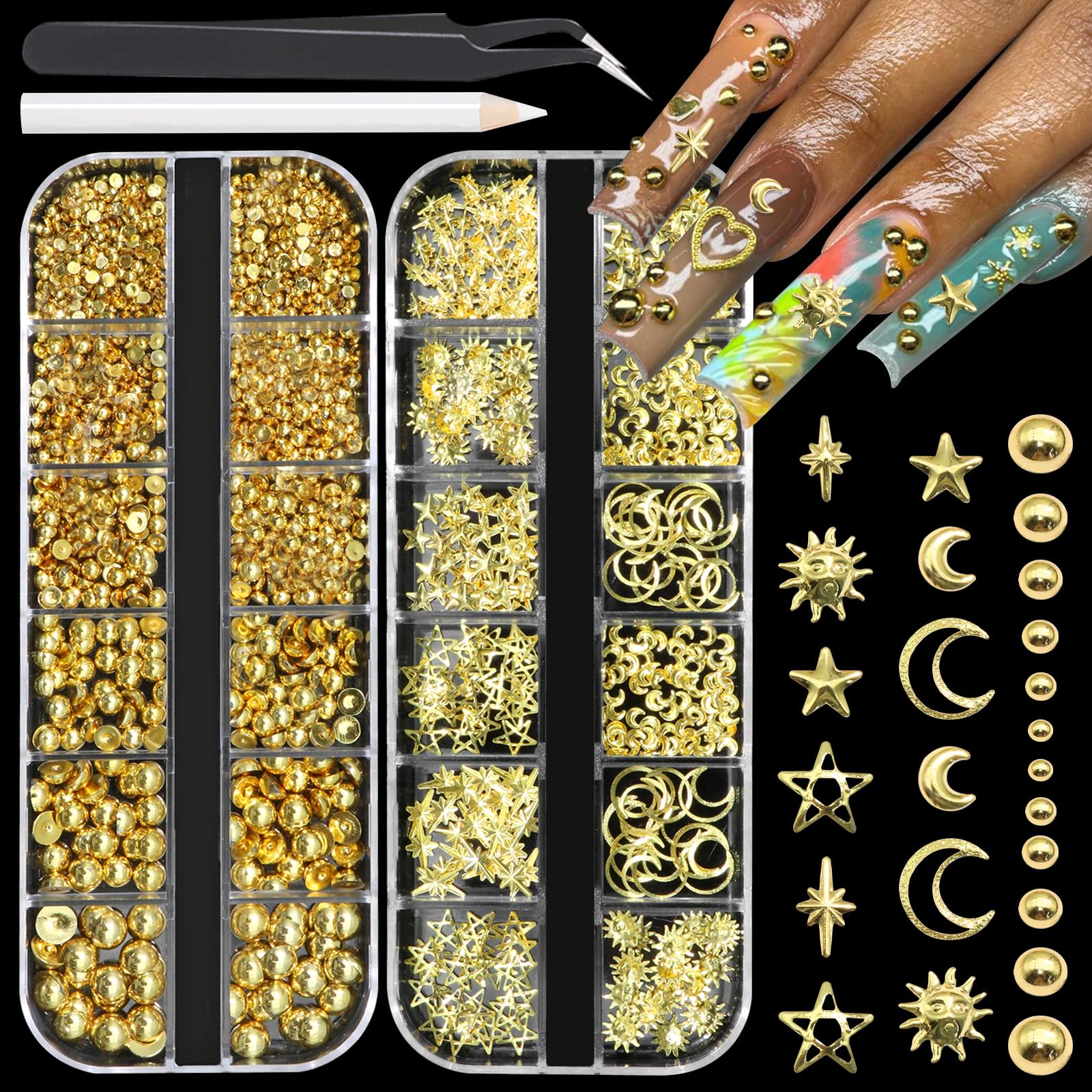 BELICEY 3D Nail Charms Mix Gold Star Moon Sun Charms for Nails Gold Flatback Nail Pearls Nail Charms Gems Pearls for Nails Jewelry for DIY Nail Art