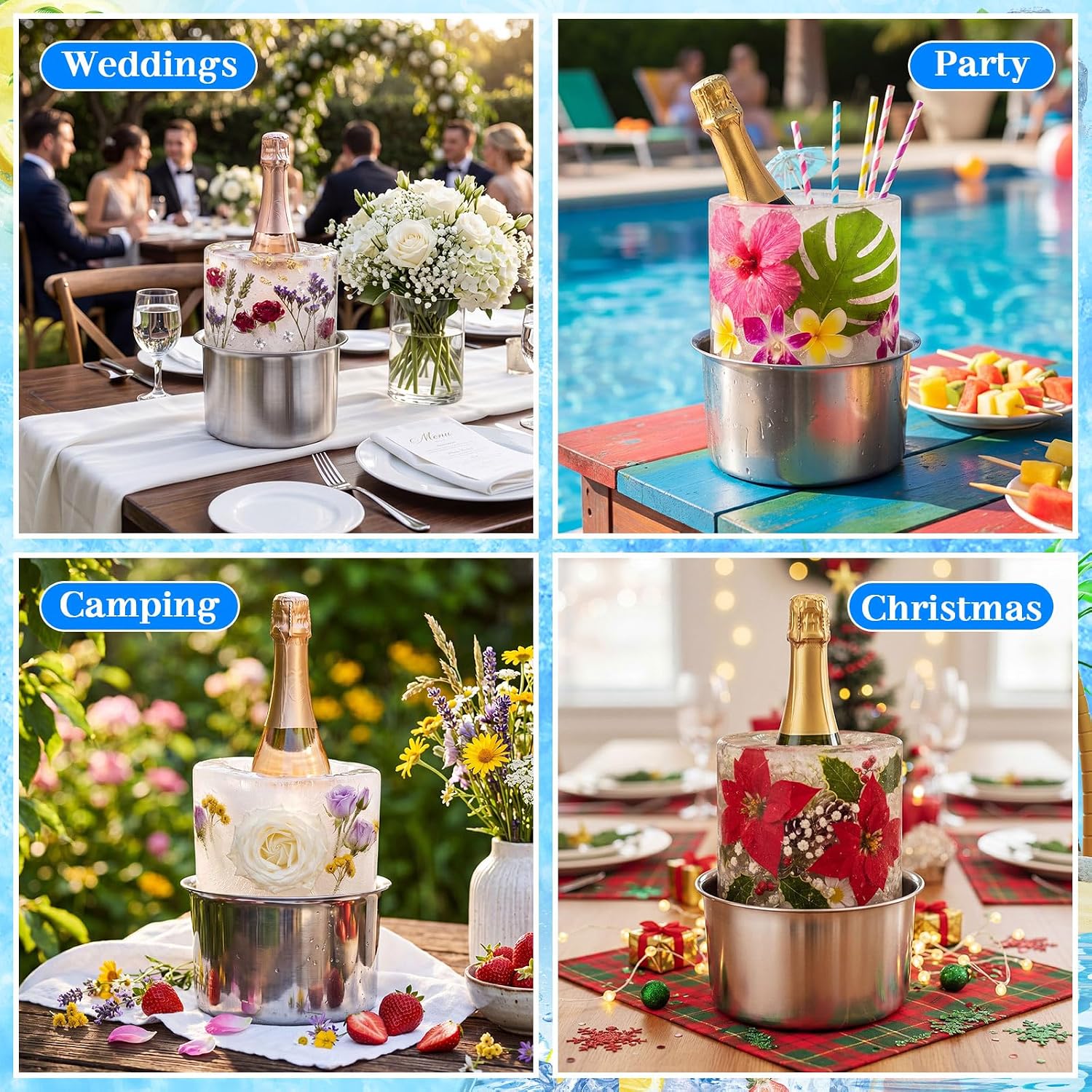 Jingmore 2 Set Stainless Steel DIY Ice Bucket Mold Set Ice Mold Wine Bottle Chiller with Lids and Gray Stands, Create Flower Fruit Ices Chiller for Champagne, Wine, Cocktails, Parties, Weddings