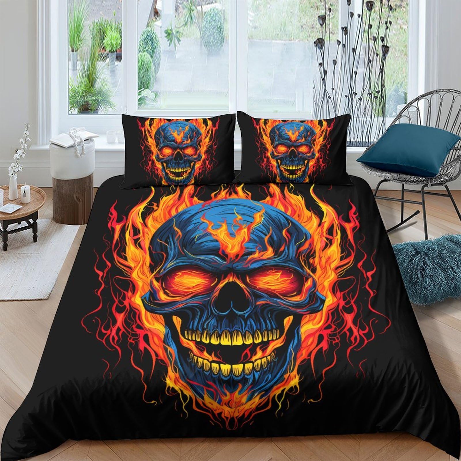 Ctjqhvkz Style-9 3D Printed Flaming Skull Fitted Sheet Microfiber Bold Fire Skull Bed Cover For Bedroom Dorm Bed Protection Decor Single（135X200cm）