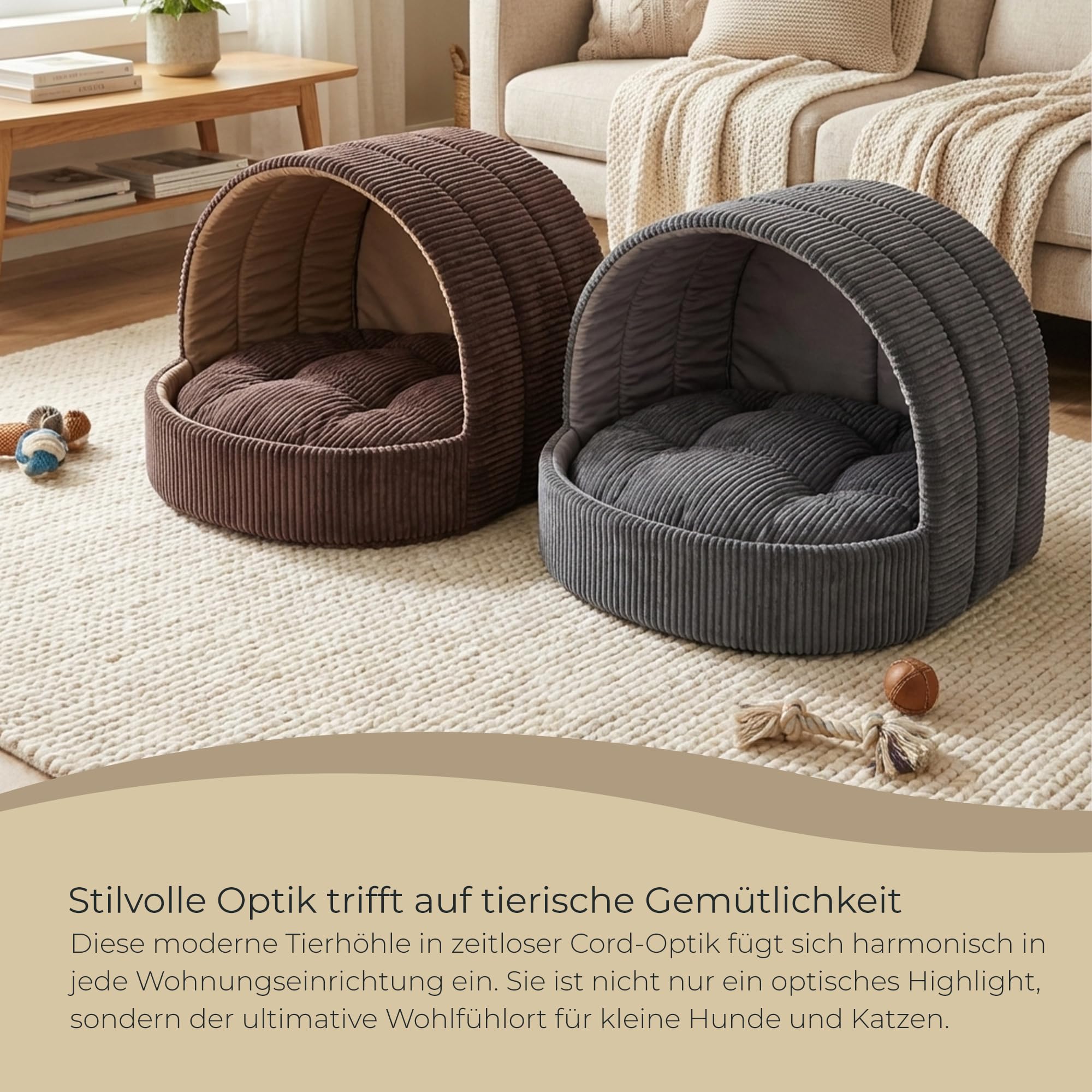 Hundehöhle und Katzenhöhle 63 x 53 cm - Weiches Hundebett und Katzenbett mit Cord-Struktur - Kuscheliger Rückzugsort für kleine Hunde, Welpen und Katzen - Braun