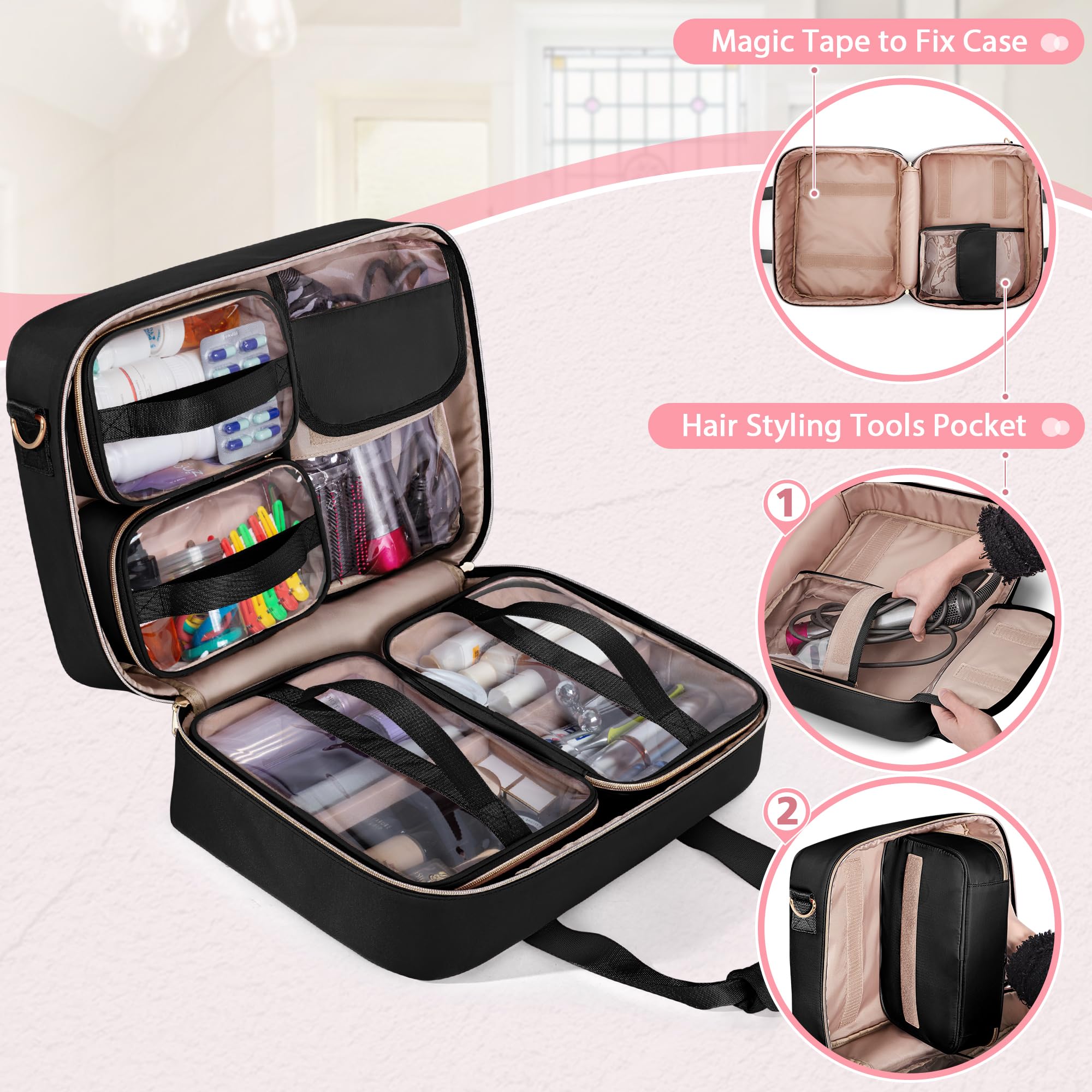 Neceser extragrande para mujer con 4 estuches individuales, bolsa organizadora de maquillaje de viaje grande con bolsillo para herramientas para el cabello y compartimento para brochas de