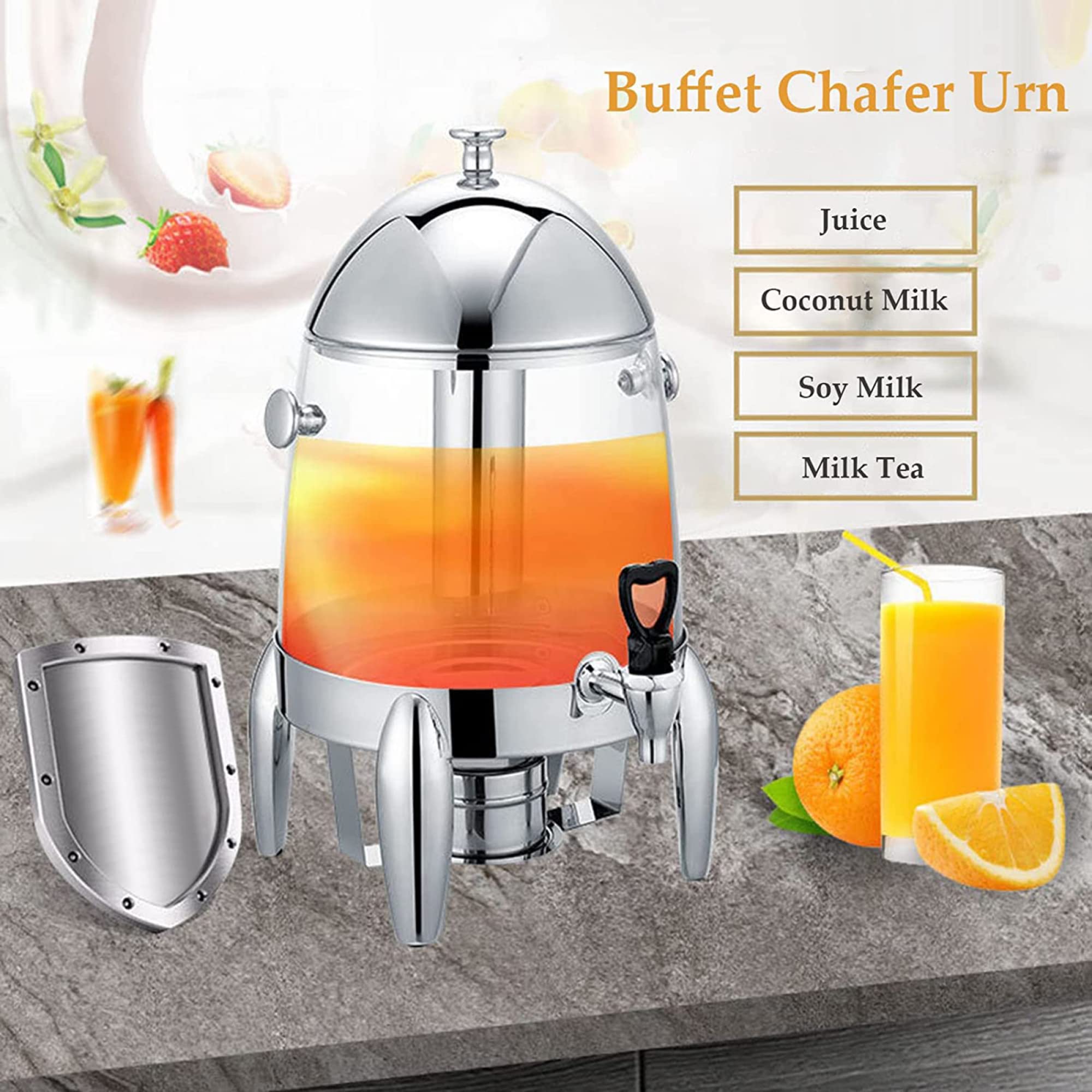 Urna Comercial para Café de 3 Galones, Dispensador de Bebidas Calientes de Acero Inoxidable con Tapa, Grifo Y Soporte para Combustible para Hoteles, Buffets Y Eventos con Catering/Transparent