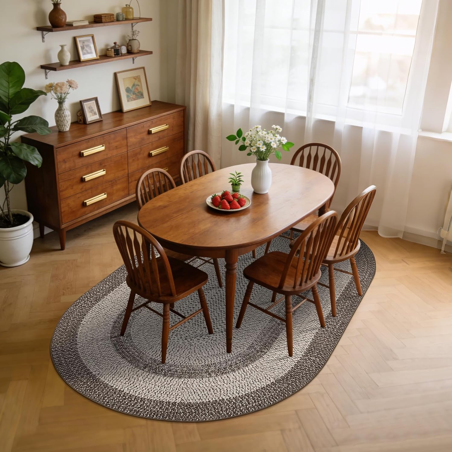 5x8 Oval Living Room Area Rug Washable Modern Border Bedroom Bedside Area Rugs Non Slip Low Pile Dining Room Oval Throw Carpet Contemporary Rugs for Living Room Kitchen Nursery, Mocha