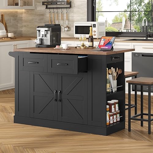 Miniatura 2 de Keyluv Isla de almacenamiento de cocina con 2 taburetes, carrito de cocina móvil de 51 pulgadas con hoja de caída y toma de corriente, mesa de isla