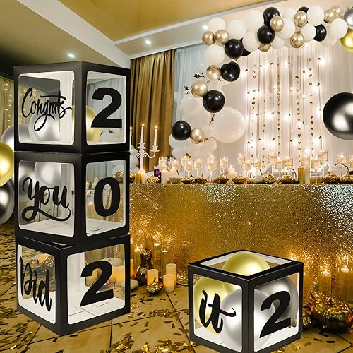 Miniatura 7 de ADXCO Juego de cajas de globos de decoración de graduación 2022 4 cajas de globos negras con calcomanías de letras Grad 2022 y 12 globos para Negro,