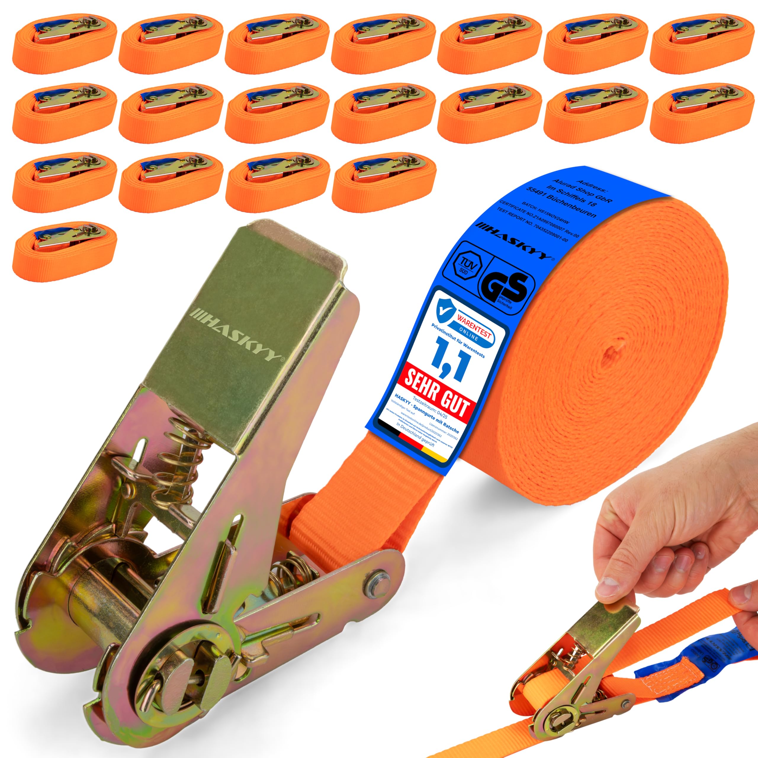 HASKYY Spanngurte mit Ratsche 10er Set, Zurrgurte Ratschengurte 5m*27mm Befestigungsriemen 400-800 daN orange
