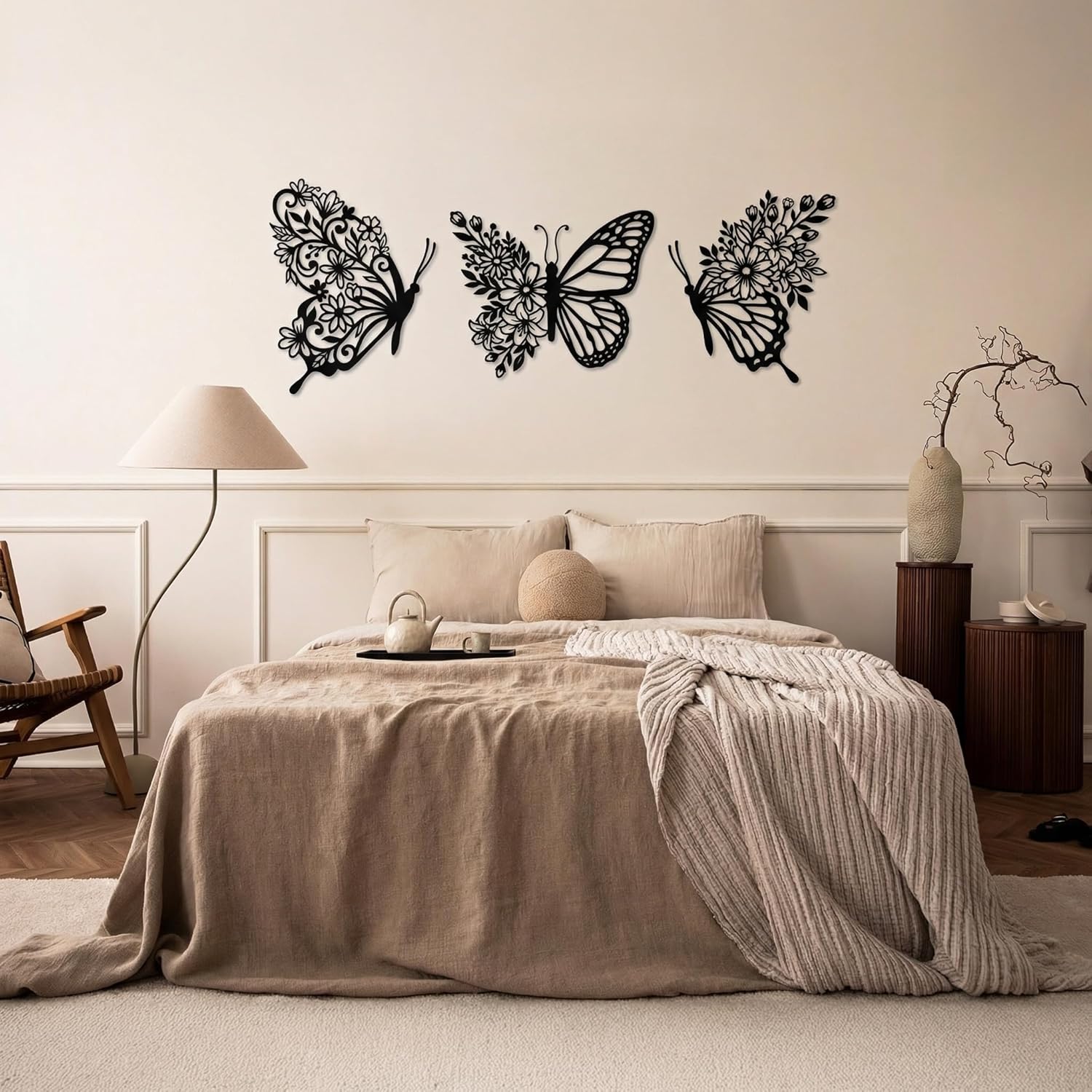 Sanwarm 3 Pieces Metal Wall Decor, Butterfly Floral Boho Metal Wall Art Flower Black Hanging Decoration for Home Bathroom Living Room Bedroom Garden Office Housewarming Gifts