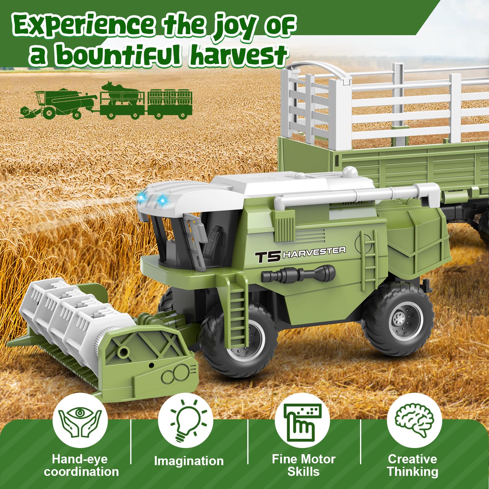 Joellfuner Cosechadora Teledirigida, Tractor Teledirigido para Niños, Tractor de Cosecha 2,4 GHz, Tractors de Cosechadora de Granja RC con Remolques y Vaca, Granja Juguete Regalo para Niños de 4+ años