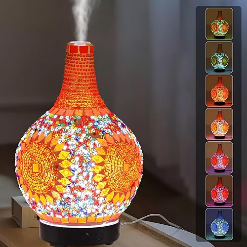 Difusor de vidrio de mosaico, difusor de aromaterapia Tiffany de 7 colores que cambian de color, difusor de aire frío LED turco, aceites esenciales
