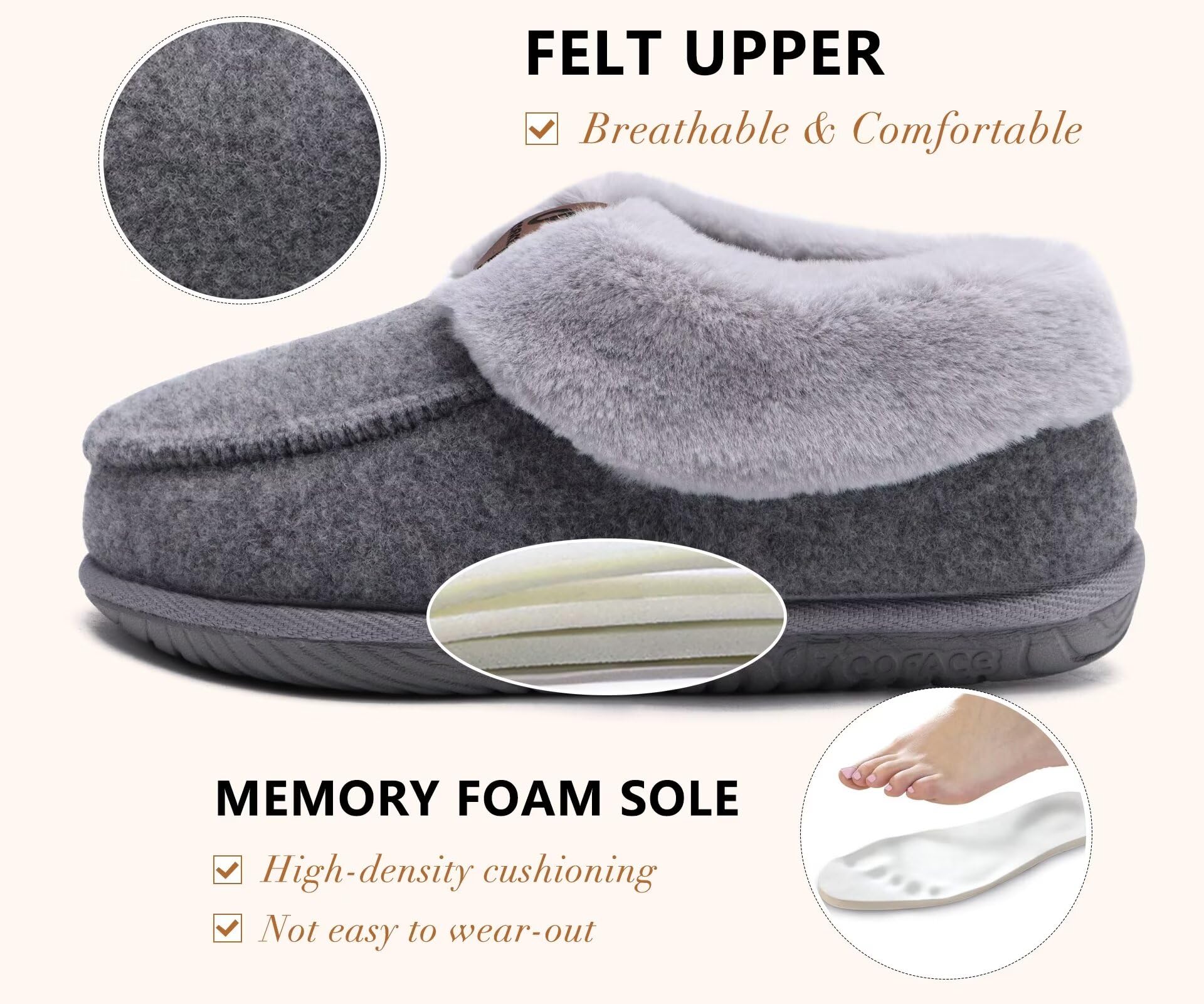COFACE Pantofole Donna Invernali Peluche Pelle Pantofola Chiuse Calde Feltro Ciabatte da Casa Comode Memory Foam Slippers Antiscivolo Suola