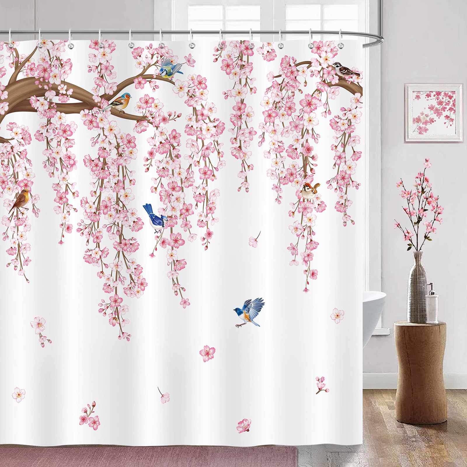 Bonhause Pink Cherry Blossom Shower Curtain, Floral Japanese Sakura Bathroom Curtain 180 x 180 cm Waterproof Mildew and Mould Resistant Polyester Fabric Bath Curtain with 12 Hooks