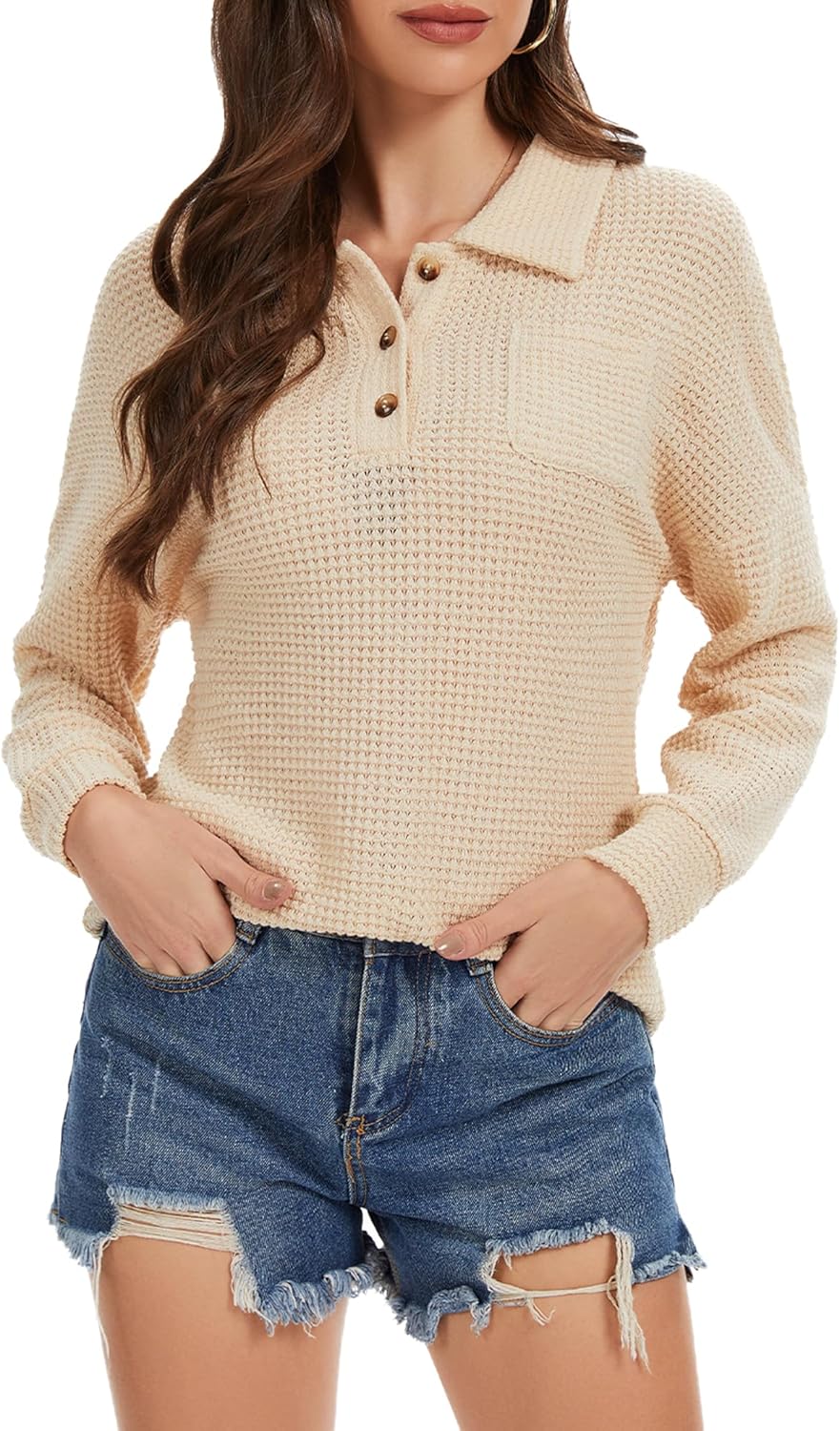 Womens Tops Waffle Knit V-Neck Long Sleeve T-shirts Button Down with Pockets Tunic Fashion Clothing - Image 5