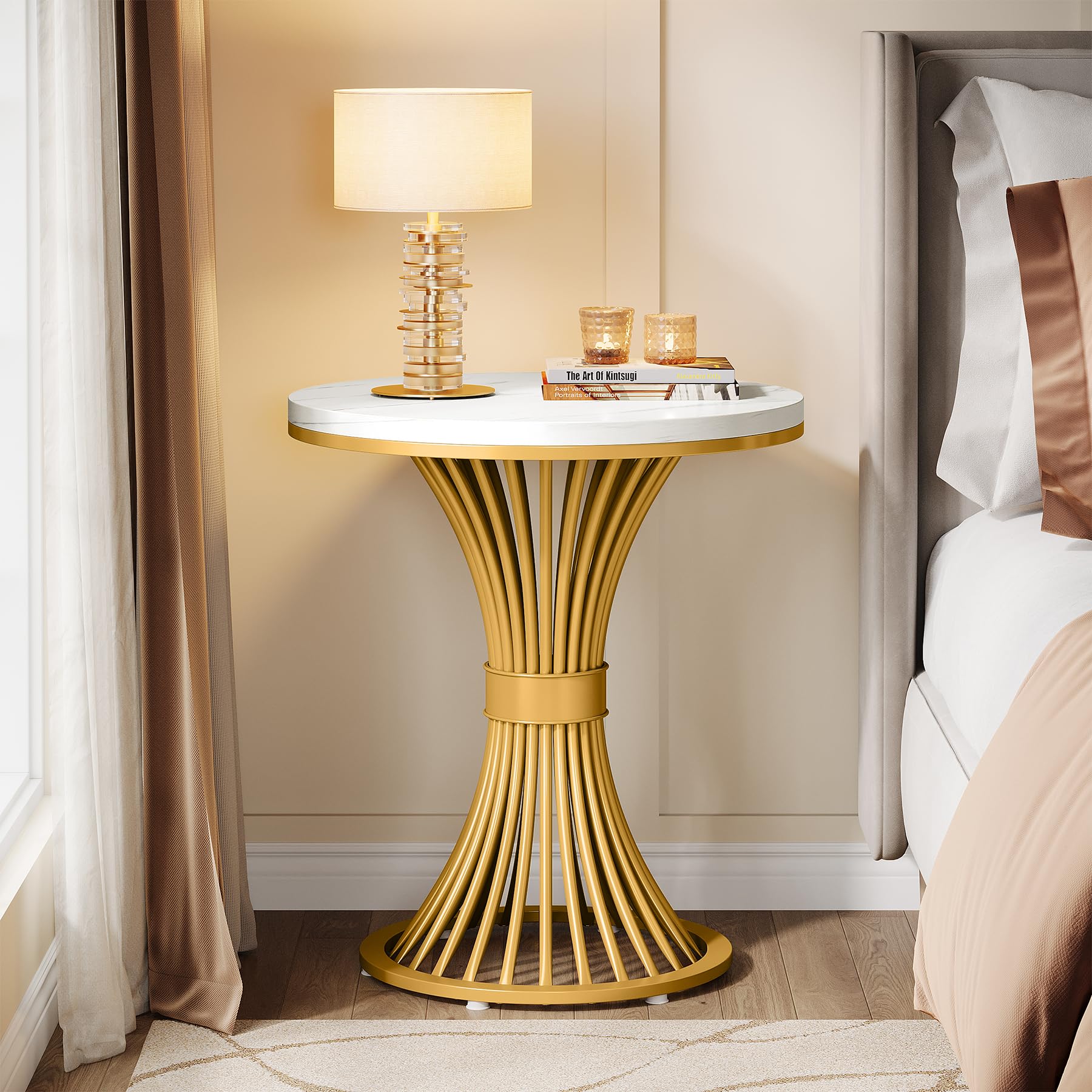 Tribesigns Round End Table, Modern Faux Marble Side Table with Gold Metal Base, Small White Gold Bedside Nightstand, Wooden Accent Table for Living Room, Bedroom, Sofa Side, White & Gold