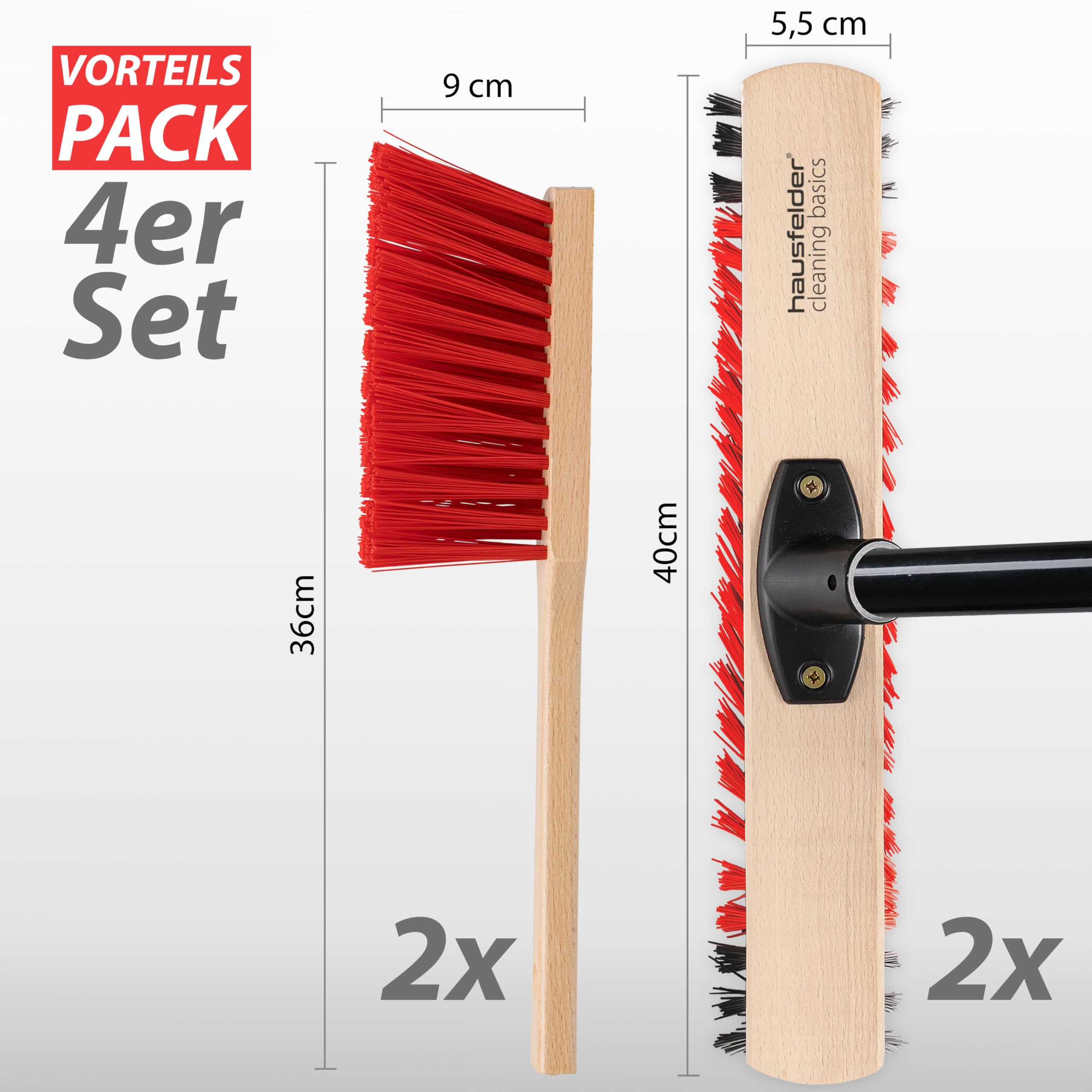 Hausfelder Straßenbesen Set 40 cm, 4-teilig, Schwarz | 4-teilig, für Garten & Terrasse, Straßenbesen, Handfeger, langer, Stiel, Kehrbesen, draußen, hart, Garage