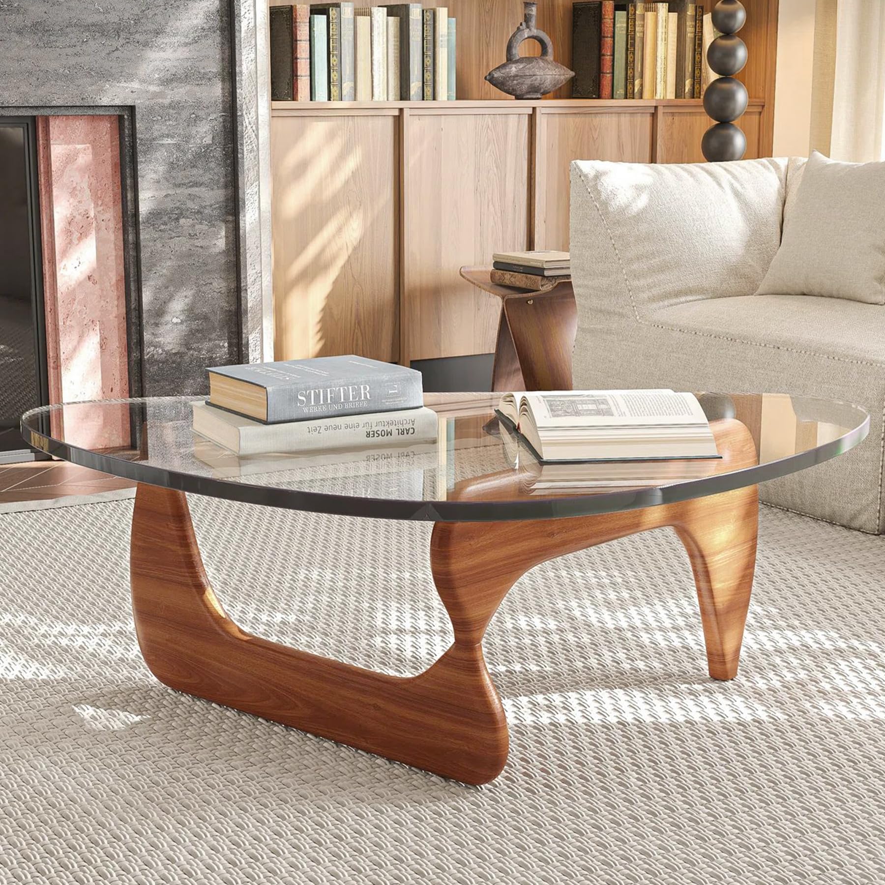 DESYIFO Glass Coffee Table, Triangle Coffee Table with Tempered Glass Top & Wood Legs, Modern Coffee Table for Living Room Mid Century Modern Coffee Table, Rustic Brown Walnut Center Table