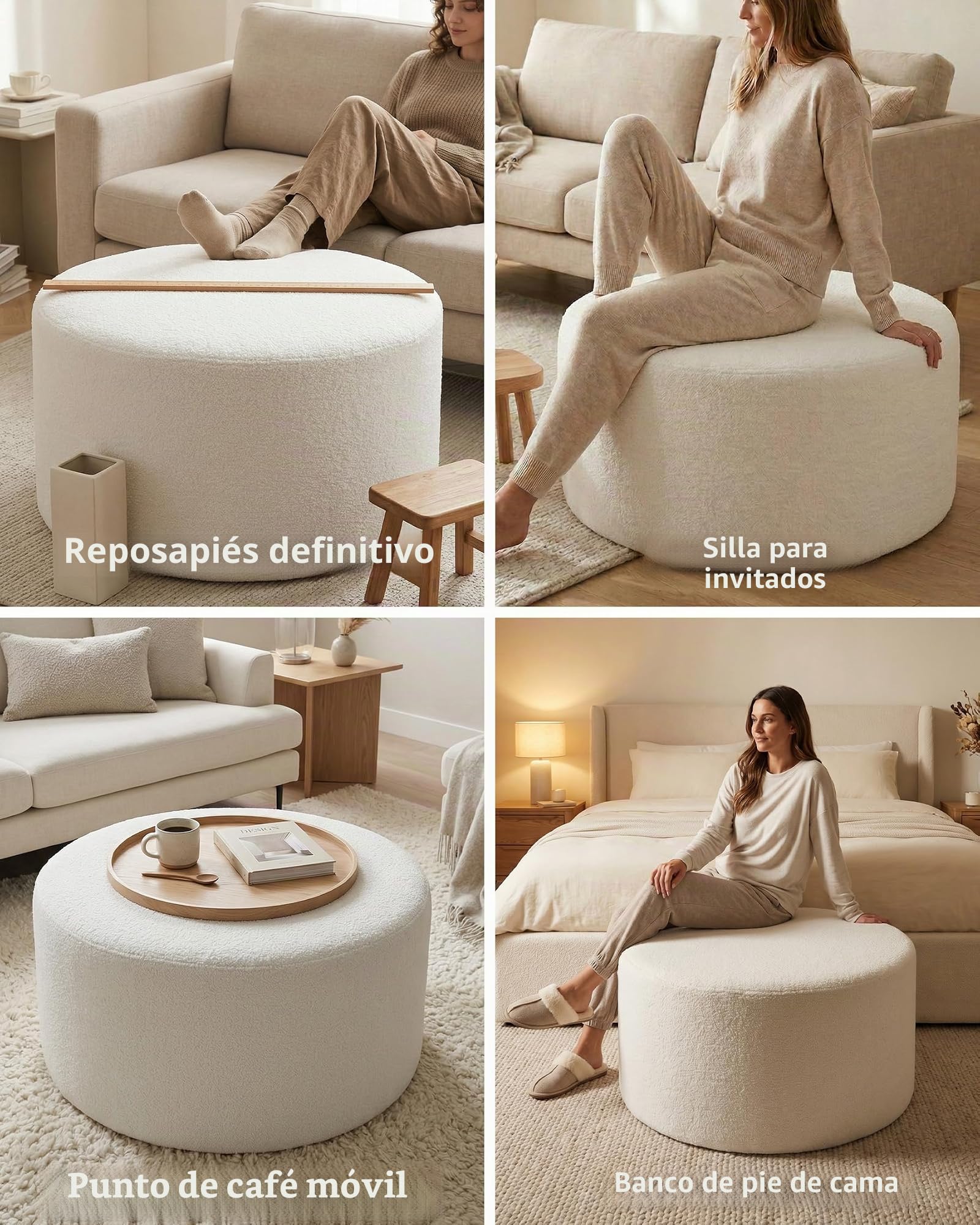 Puff - Puff redondo de 70 cm, color beige, reposapiés suave de tela Teddy, asiento cómodo para sofá, sillón y dormitorio, 70 x 70 x 40 cm