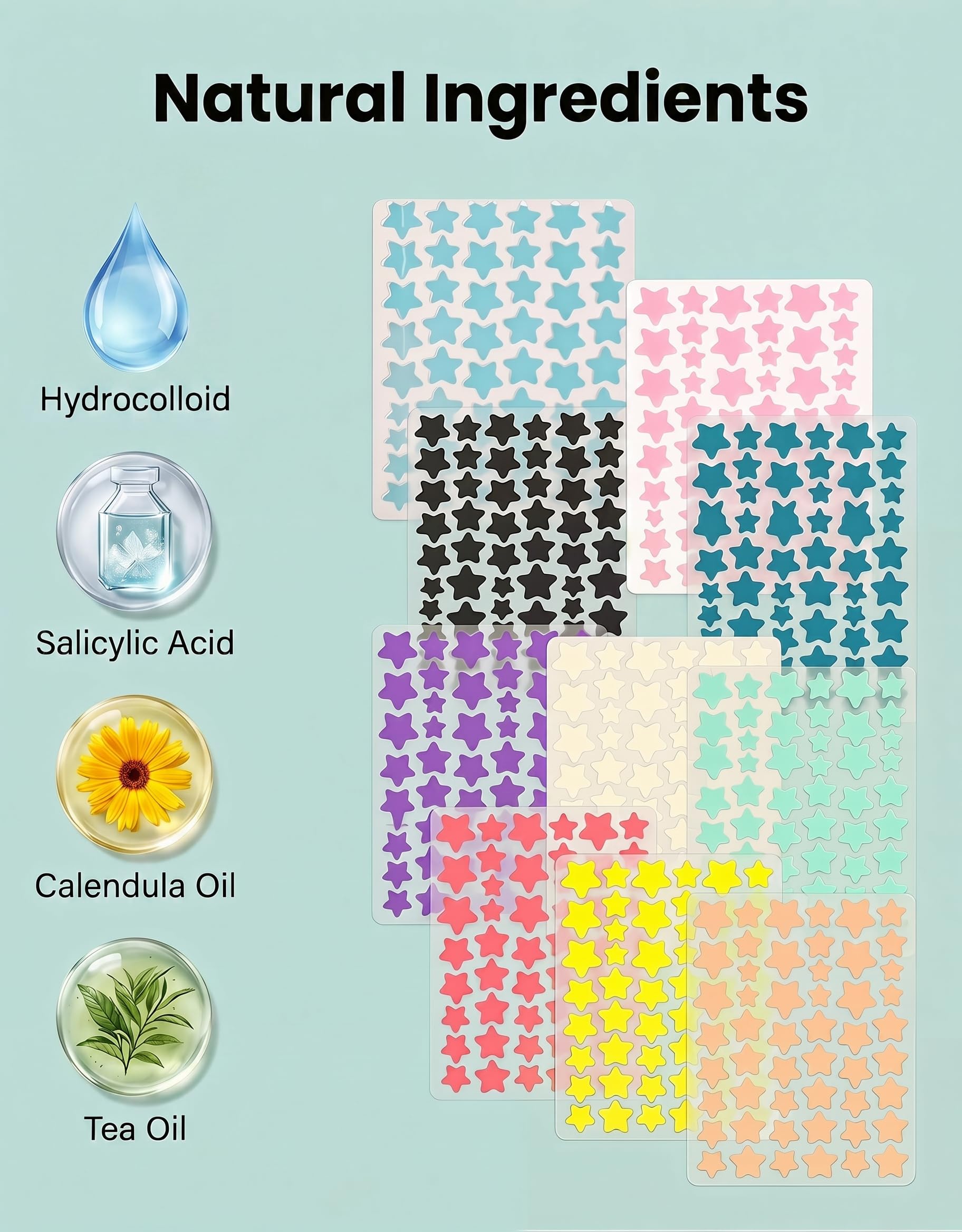 510 Stück Sterne Pimple Patches in 10 Farben, Großpackung Hydrocolloid Patches Gesicht, Star Face Acne Patch mit 10 Alkoholtupfern & 1 Pinzette, Professionelle Zit Stickers für alle Hauttypen - 3
