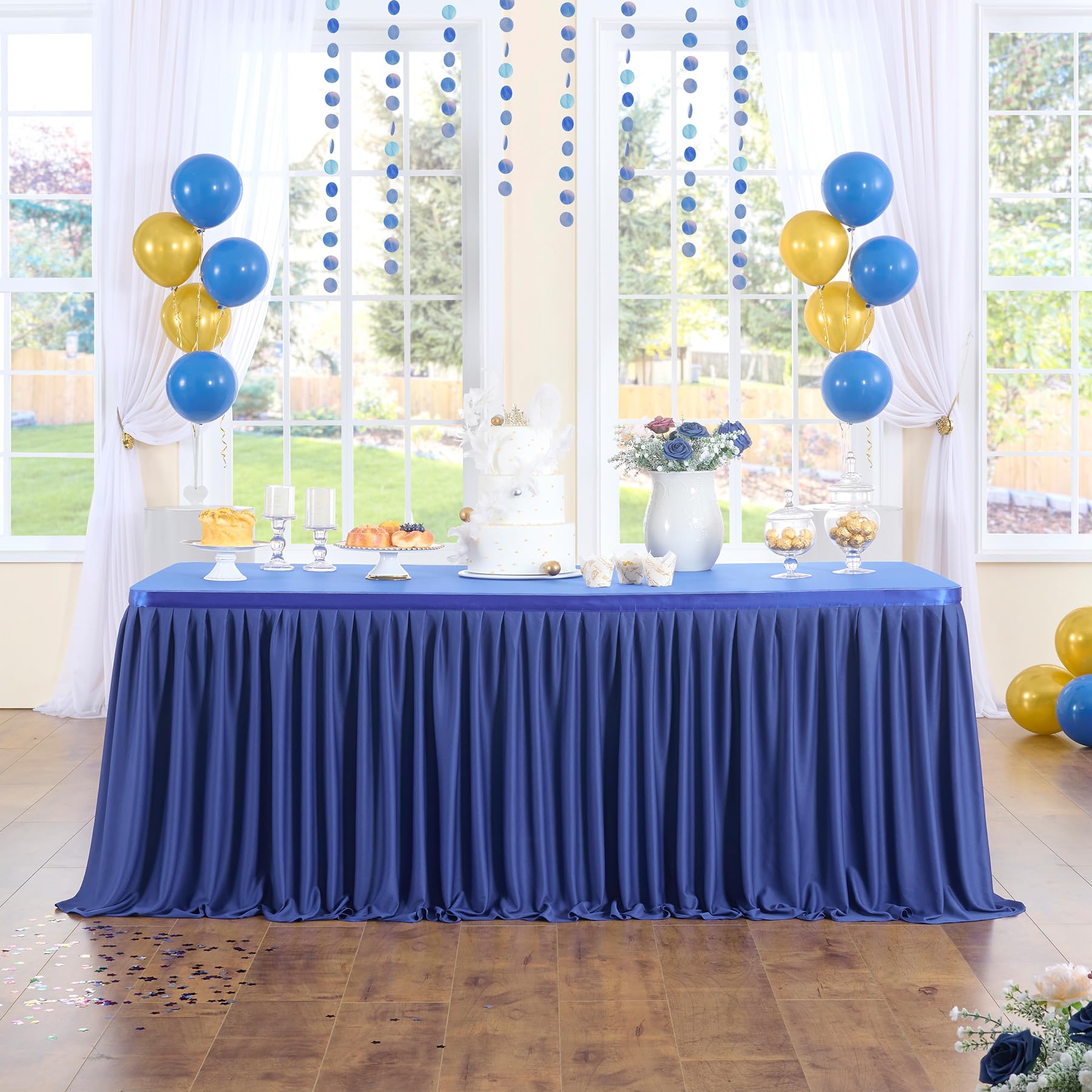 leegleri 14 ft Royal Blue Polyester Pleated Table Skirt for Rectangle Table,Ruffle Tutu Table Cloth for Baby Shower Wedding,Birthday Party,Gender Reveal,Dessert Cake Tables(Tablecover Not Include)