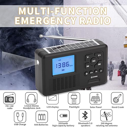 Miniatura 4 de Radio FM portátil y altavoz BT 5.0 2 en 1 con pantalla LCD, radio meteorológica de emergencia, batería USB recargable, linterna solar y manivela de