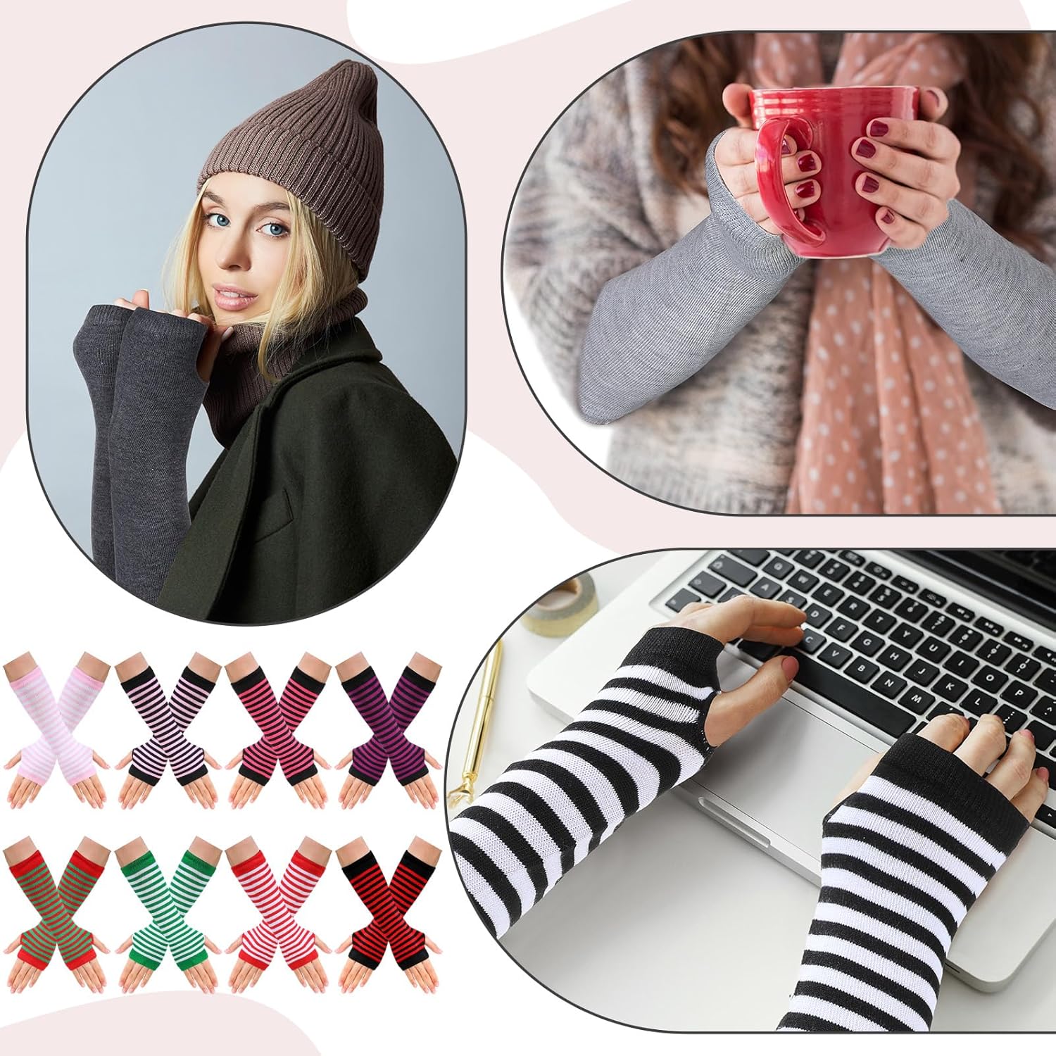 Syhood 20 Pairs Striped Arm Warmers Long Fingerless Winter Gloves Knitted Elbow Length Women arm Sleeves with Thumb Hole for Costume (20 Colors) - Image 4