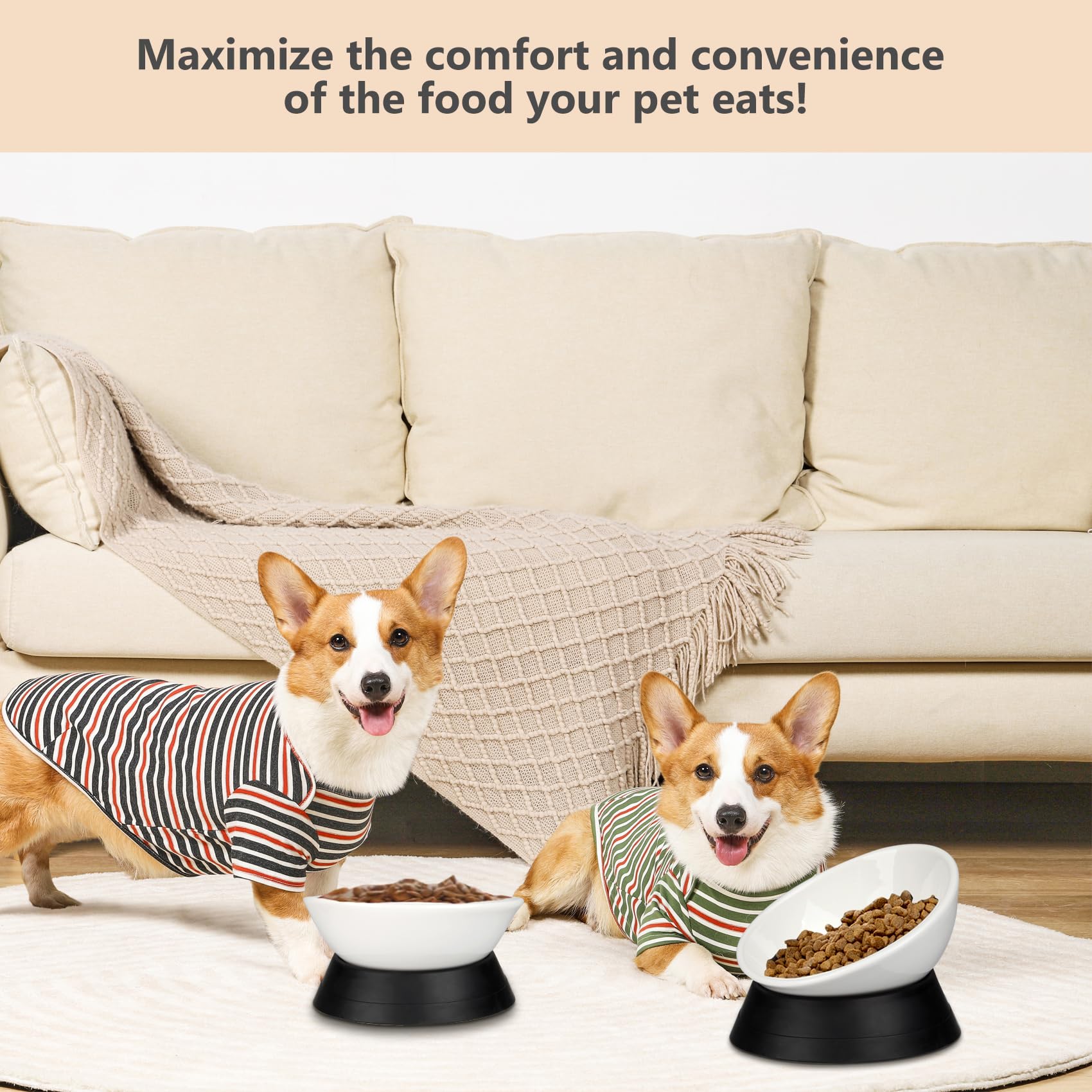 Bulldog Bowl Anti-Slip Dog Cat Dish Detachable Ceramic Dog Bowl Pet Sterile Tilted Pet Feeder Slope Bas (Black(White Ceramic Bowl) - Image 4