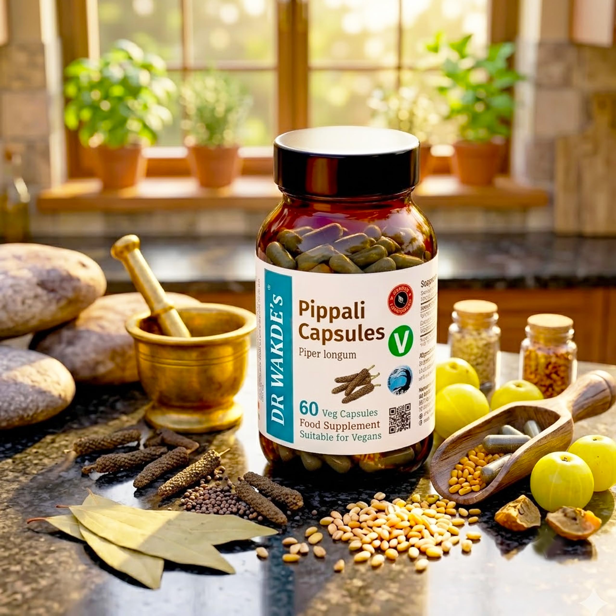 DR WAKDE'S Pippali Kapseln (Langer Pfeffer, 60 Veg Caps, Ayurveda-Ergänzung, Vegan, Kräuter, Natürlich)