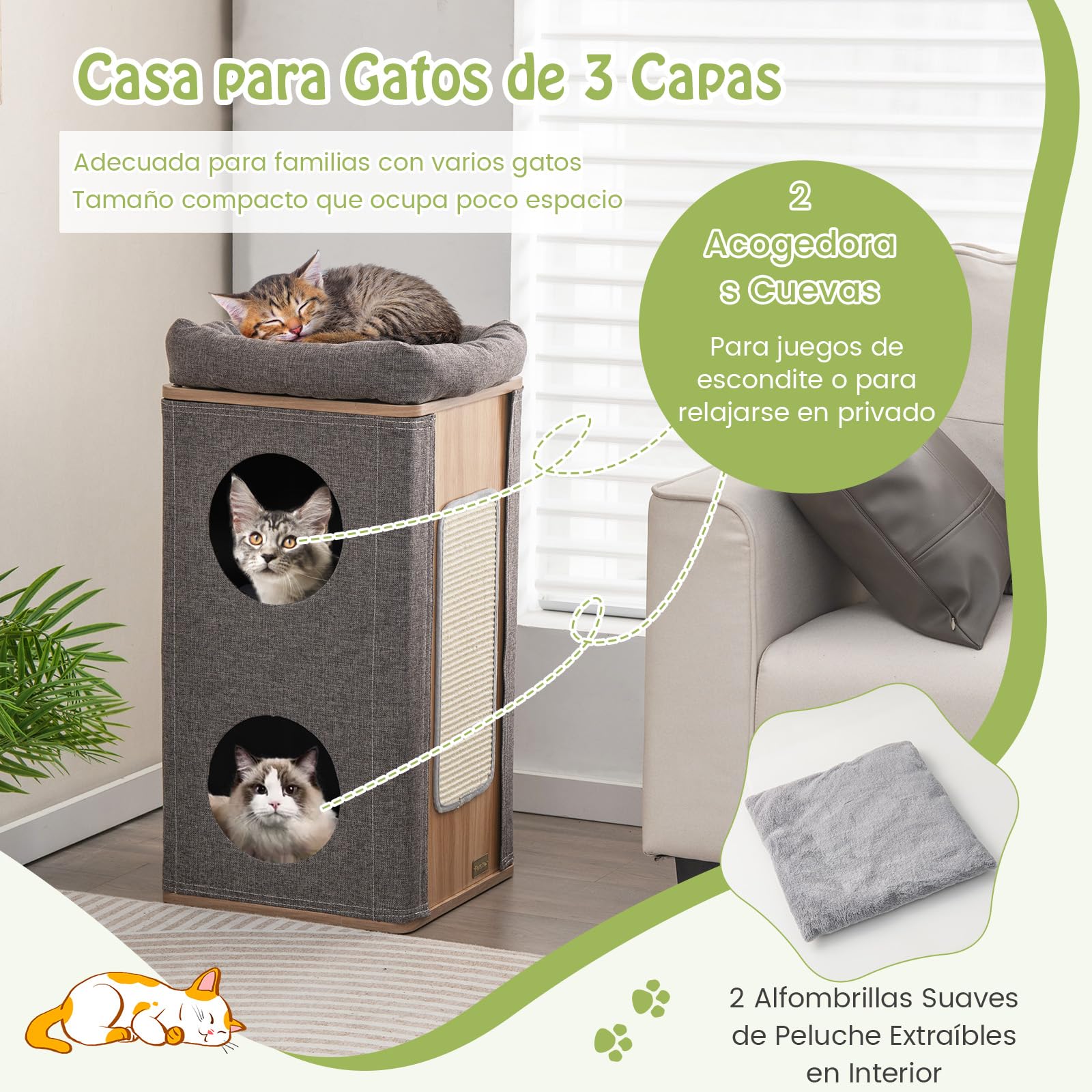 GOPLUS Casa para Gatos de 3 Niveles con Alfombrilla de Sisal Extraíble y Percha Superior, Mansión para Gatos 2 en 1 con Manta Exterior Extraíble, Superficie Cubierta de Felpa, Gris (Gris)