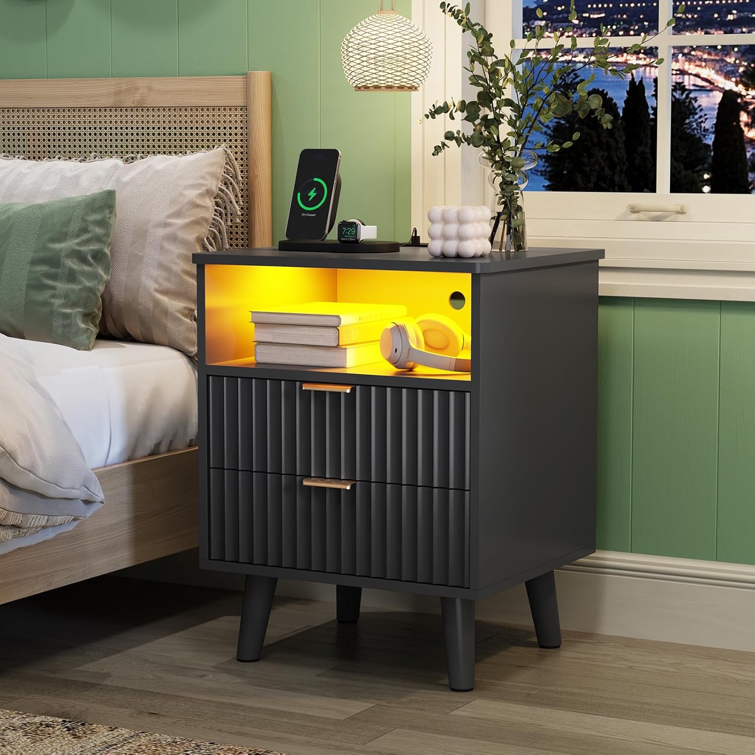 AOGLLATI Fluted Nightstand Set of 2 with Charging Station, Black LED Nightstand with 2 Drawers and Open Storage Cubby, Modern Bedside Table with LED Lights & Metal Handle for Bedroom