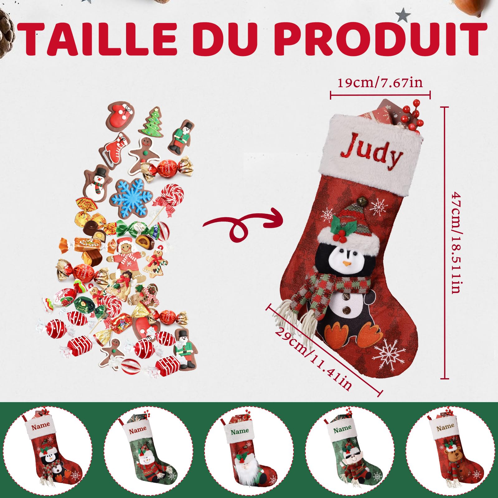 Chaussettes De Noël Personnalisées Avec Nom - Pingouin 3D - Coton/Lin - Décoration Fête