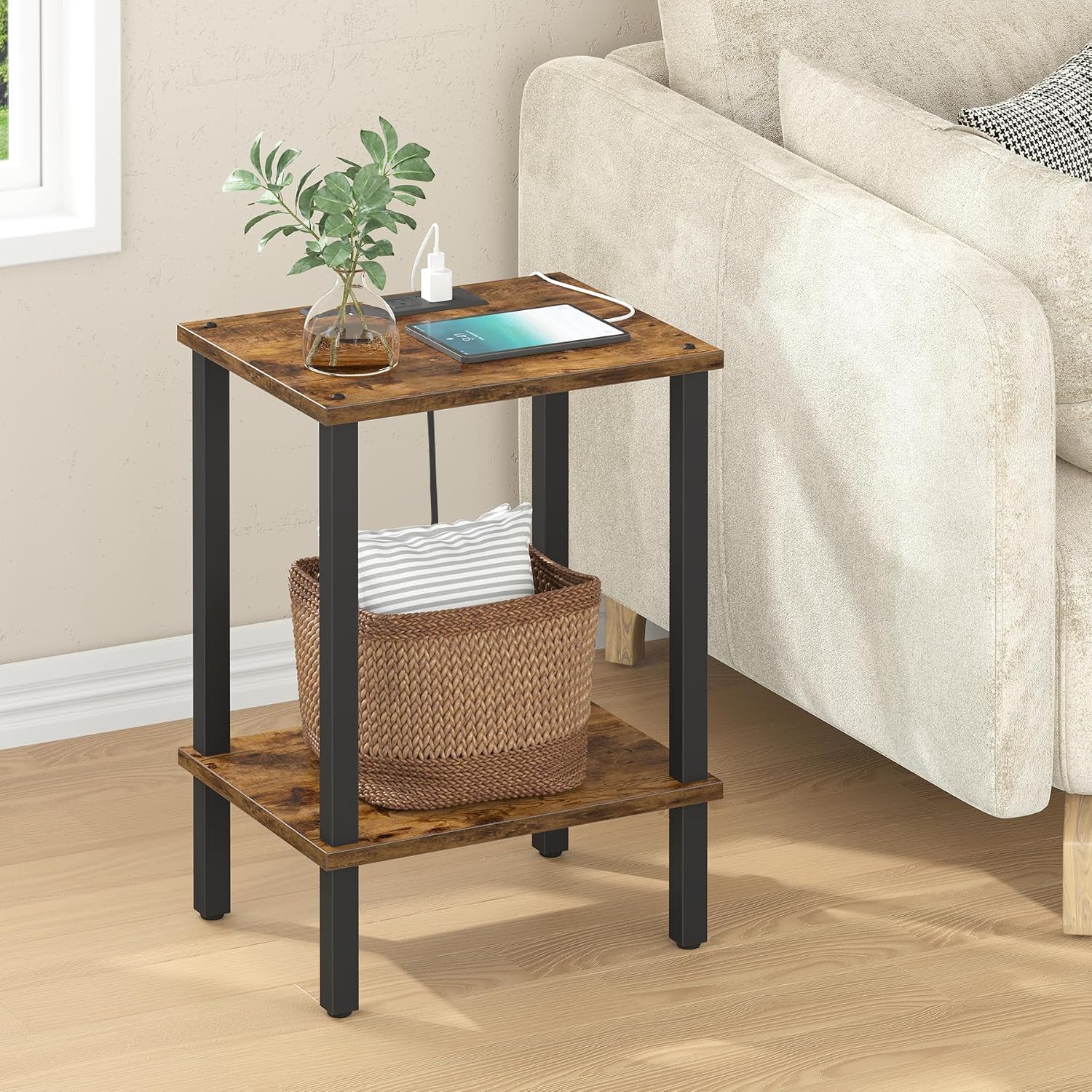 tutotak end table with charging station, side table with usb ports and outlets, nightstand, 2-tier storage shelf, sofa table for small space, 1 package(2pcs) tb01bb041 brown 2