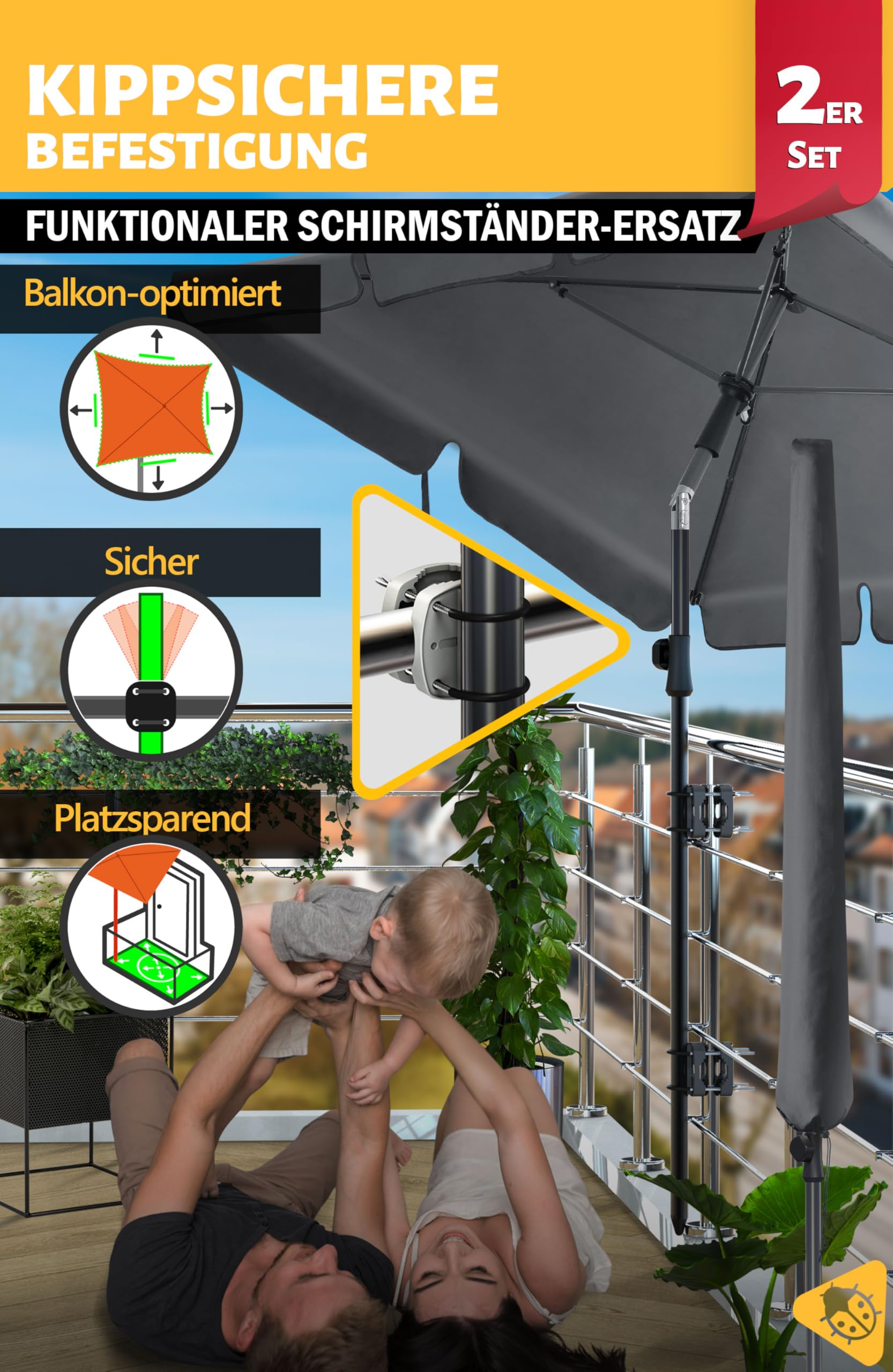 Menz Sonnenschirm Balkon 4-teiliges Komplettset, UPF 50+ Sonnenschirm rechteckig 200 x 125 cm + 2 Stück Sonnenschirmhalter Balkongeländer + Sonnenschirmhülle, Sonnenschutz Balkon