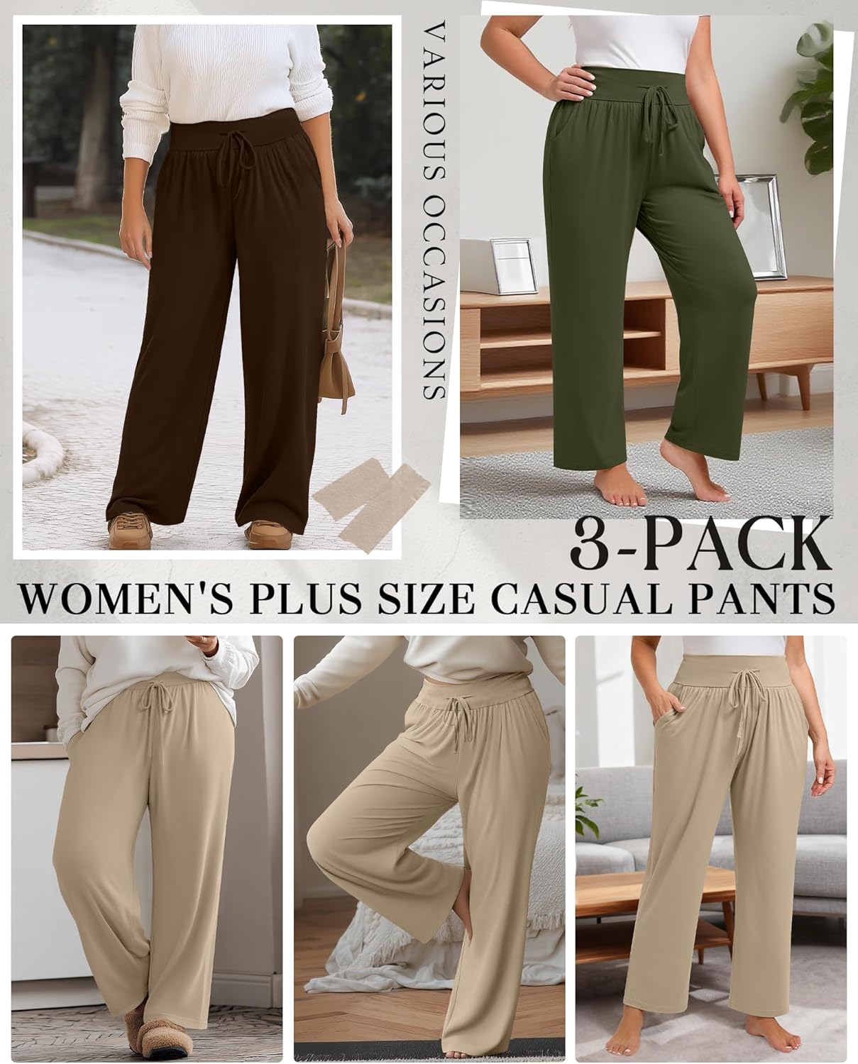 Neer 3 Pack Women's Plus Size Lounge Pants, Wide Leg Yoga Pants Baggy Drawstring Sweatpants with Pockets Casual Loose Jogger - Image 2