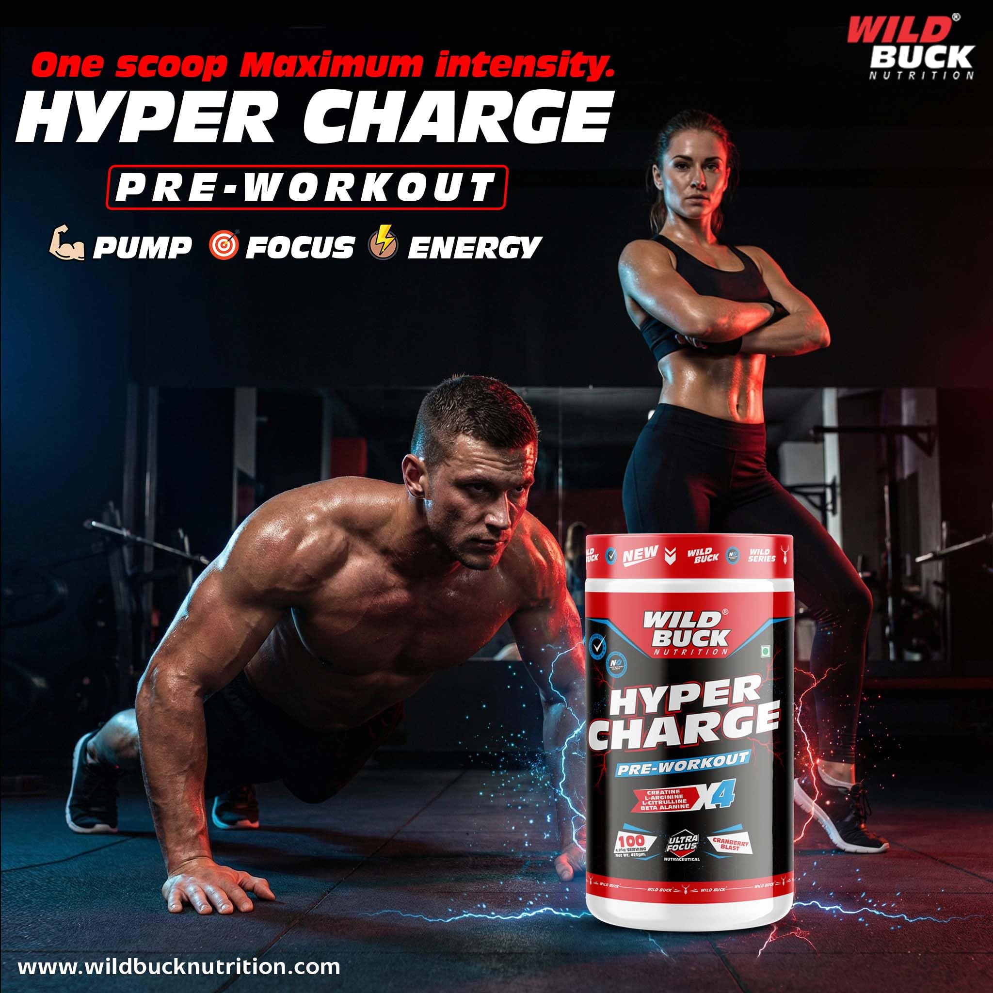 Wild Buck Hyper Charge Pre-X4 Hardcore Pre-Workout Supplement with Creatine Monohydrate, Arginine AAKG, Beta-Alanine & Muscle Pump Formula | Caffeinated Punch for Explosive Energy, Focus & Strength [100 Servings, Cranberry Blast] — Amazon image 6