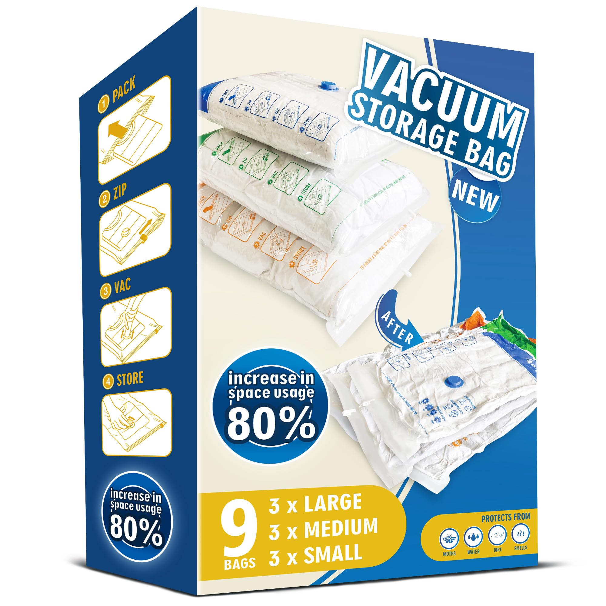 Storage Master Space Saver Bags for Travel and Home Reusable Vacuum Storage Bags Save 80% More Storage Space Work with Vacuum Cleaner (9 Combo, No Pump Included)Storage Master Space Saver Bags for Travel and Home…