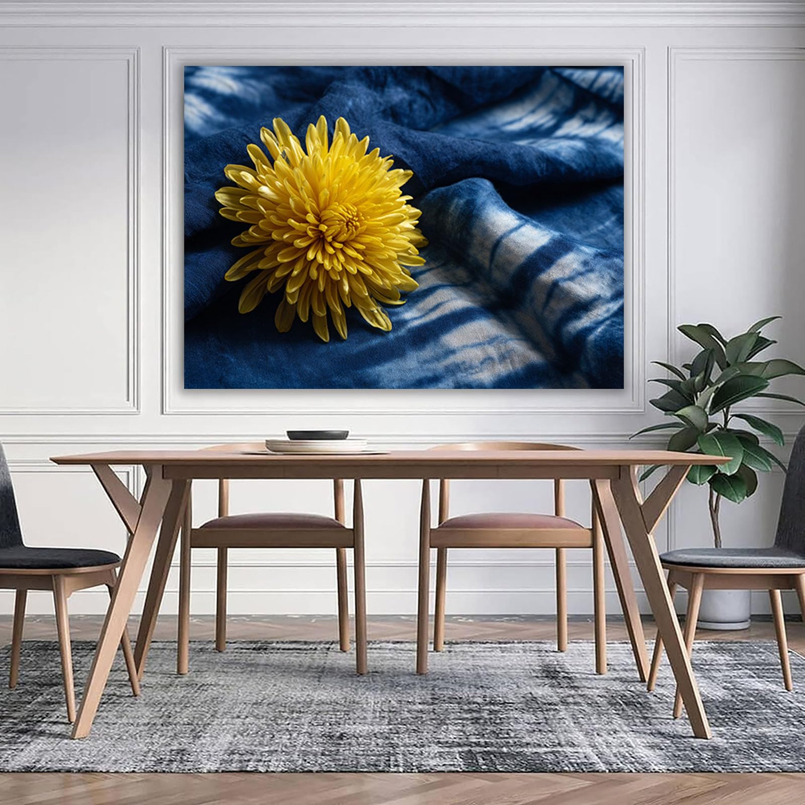 ZAMAEIU Semplice arte botanica Stampe su Canvas Crisantemo tinto in stoffa blu per Camera da Letto Agriturismo Soggiorno Bagno(Giallo)-50x70cm Incorniciato