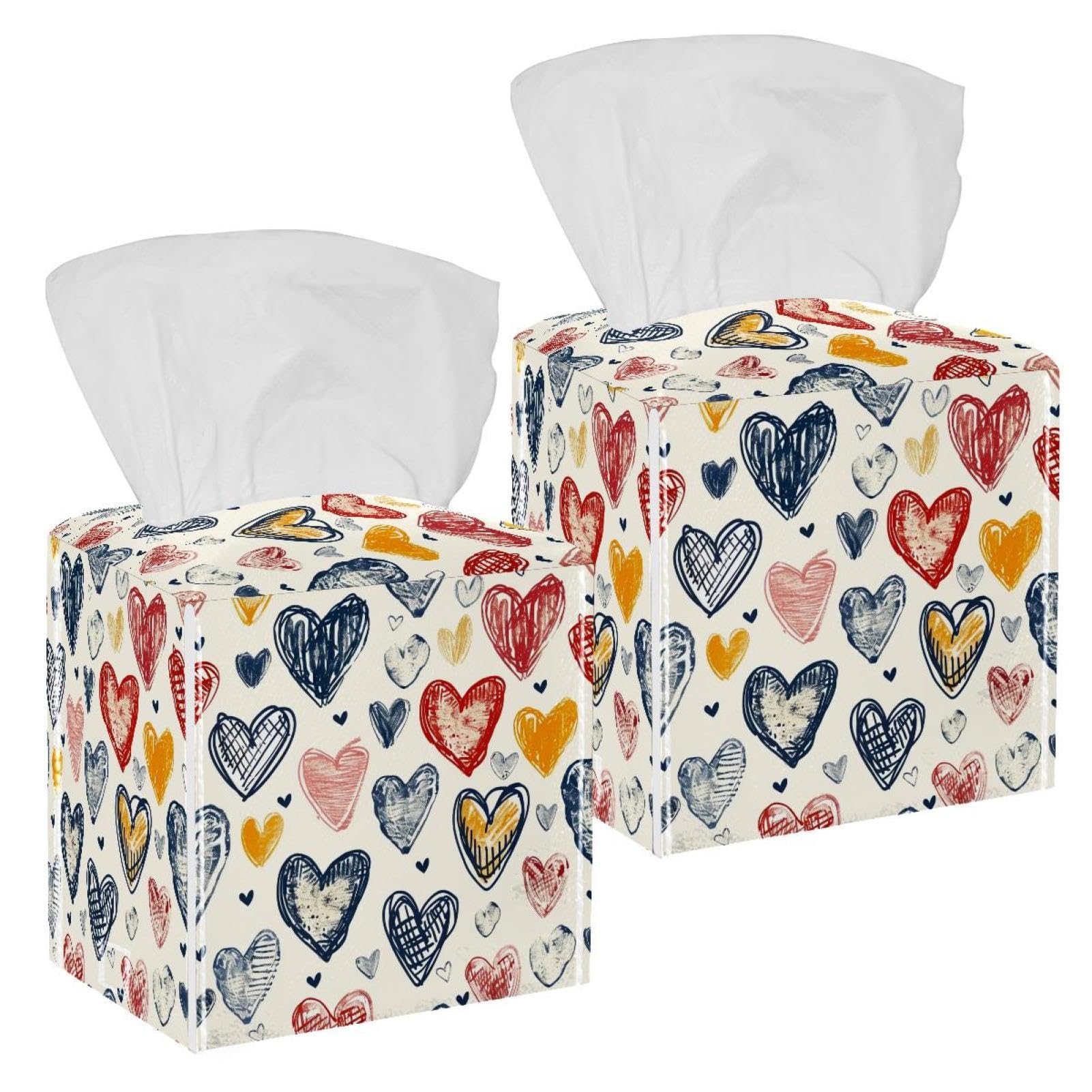 Heart of Love Tissue Box Cover, 2 Pack PU Leather Square Facial Tissue Dispenser Box holder for Home Office Car