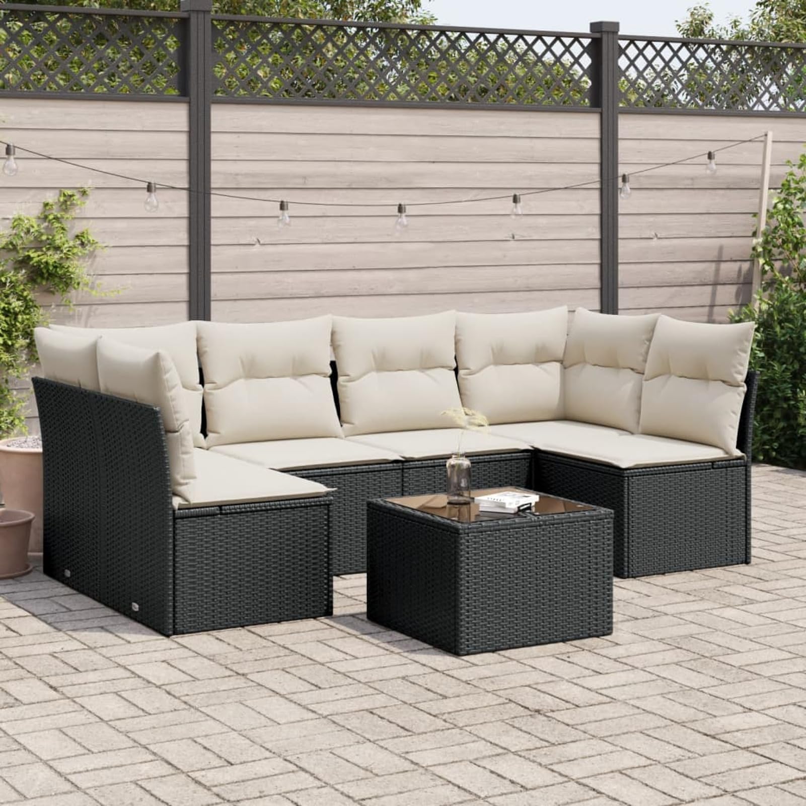 LAPOOH Set da pranzo da giardino 7 pezzi e cuscini in rattan sintetico nero, Set Tavolo e Sedie Giardino, Tavolo e Sedie Terrazza, Mobili da Giardino Esterno, Set di Mobili Da Giardino - 3217396