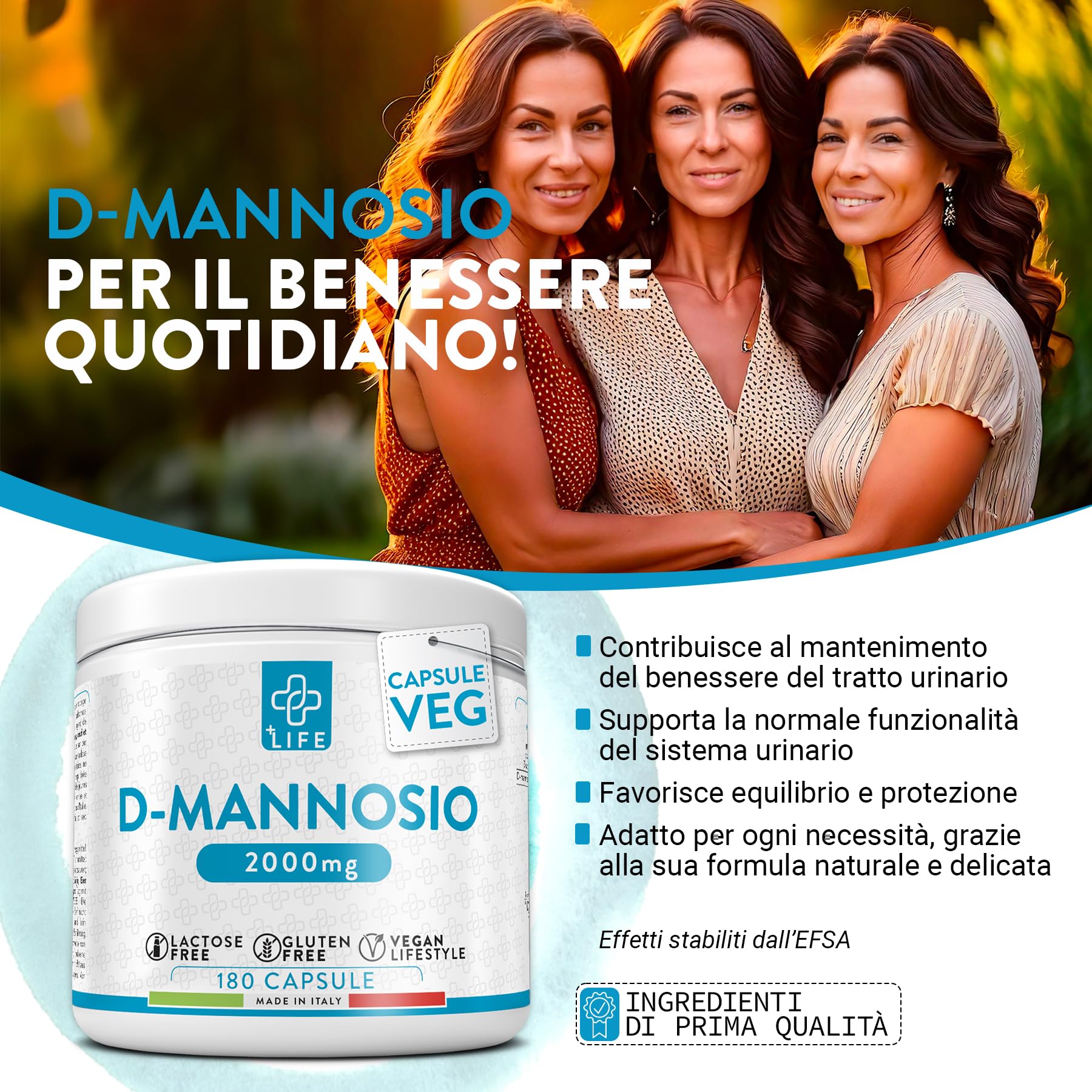 D Mannosio Puro 2000mg 180 Capsule PiùLife, 3 Al Giorno, Integratore Vie Urinarie Donna, Integratore Cistite, Benessere Quotidiano, Sostituto Al Mirtillo Rosso