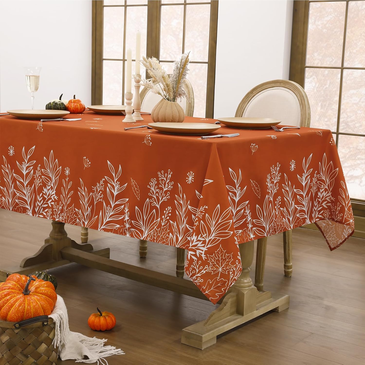 Softalker Fall Tablecloth Rectangle 60x144 Inch, Thanksgiving Autumn Harvest Orange Rust Wild Flowers Decoration Table Cloths, Stain Resistant Farmhouse Table Cover for Holiday Dinner/Party