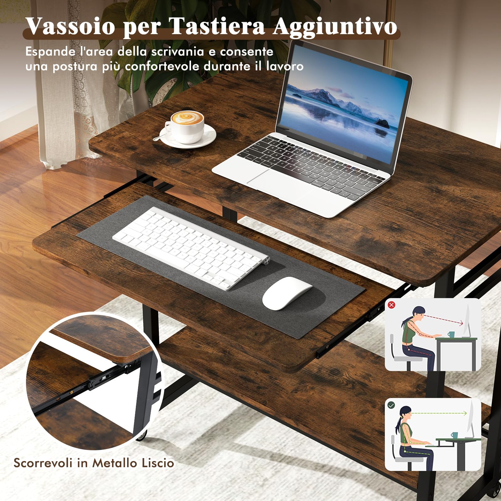 GYMAX Scrivania in Metallo e Legno, Tavolo da Lavoro con Vassoio per Tastiera, 3 Ganci e Ripiano Inferiore Aperto, 4 Ruote Universali Silenziose, 80 x 50 x 78 cm, Marrone Industriale