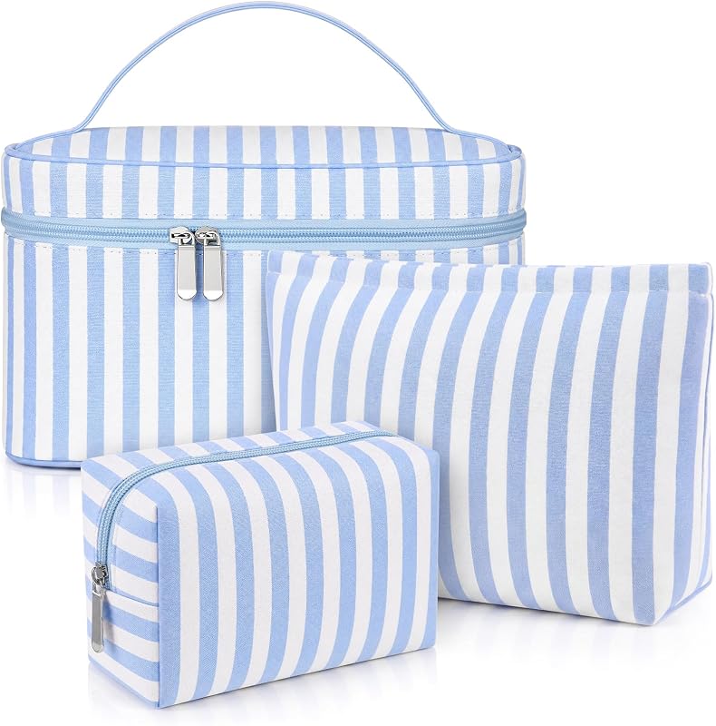 Huhumy Conjunto com 3 Necessaires de Maquiagem em Tecido Seersucker Azul, Listras Largas